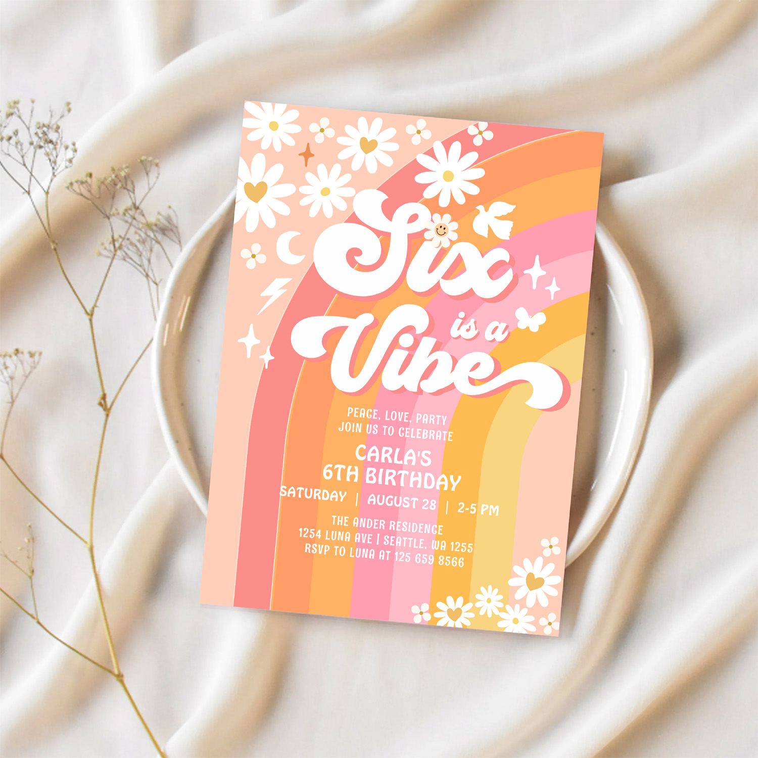 Six Is A Vibe Daisy 6th Groovy Birthday Invitation - Image 2