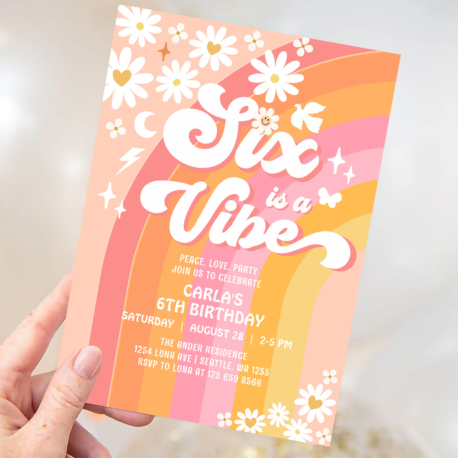 Six Is A Vibe Daisy 6th Groovy Birthday Invitation - Image 3