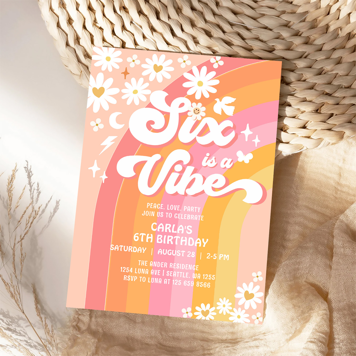 Six Is A Vibe Daisy 6th Groovy Birthday Invitation - Image 4