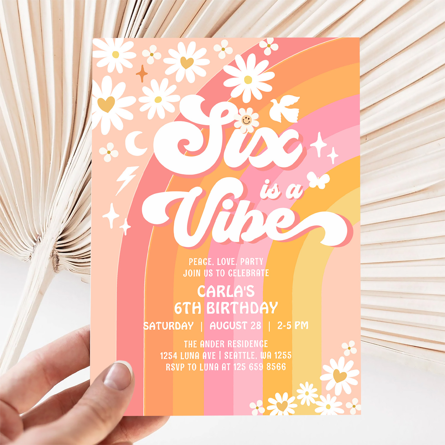 Six Is A Vibe Daisy 6th Groovy Birthday Invitation - Image 5