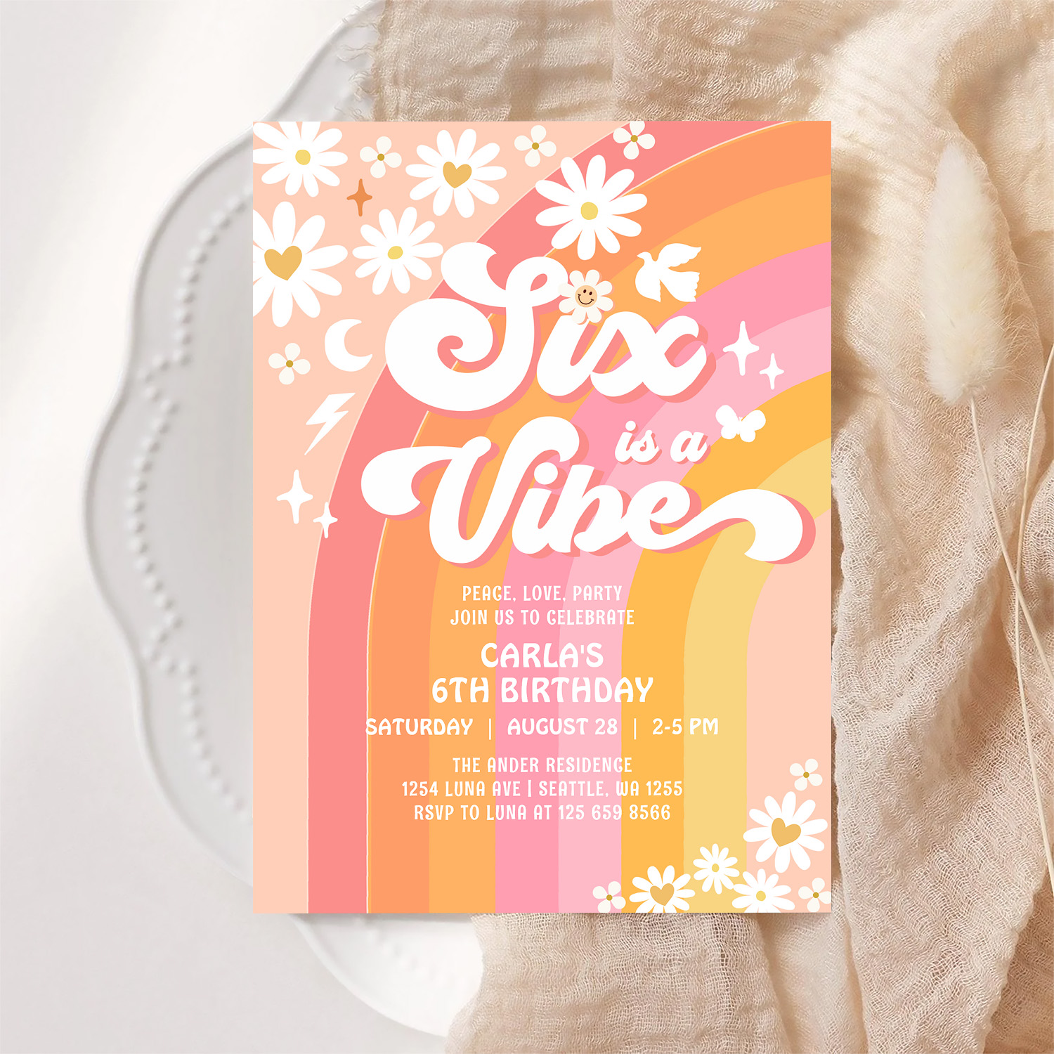 Six Is A Vibe Daisy 6th Groovy Birthday Invitation - Image 6