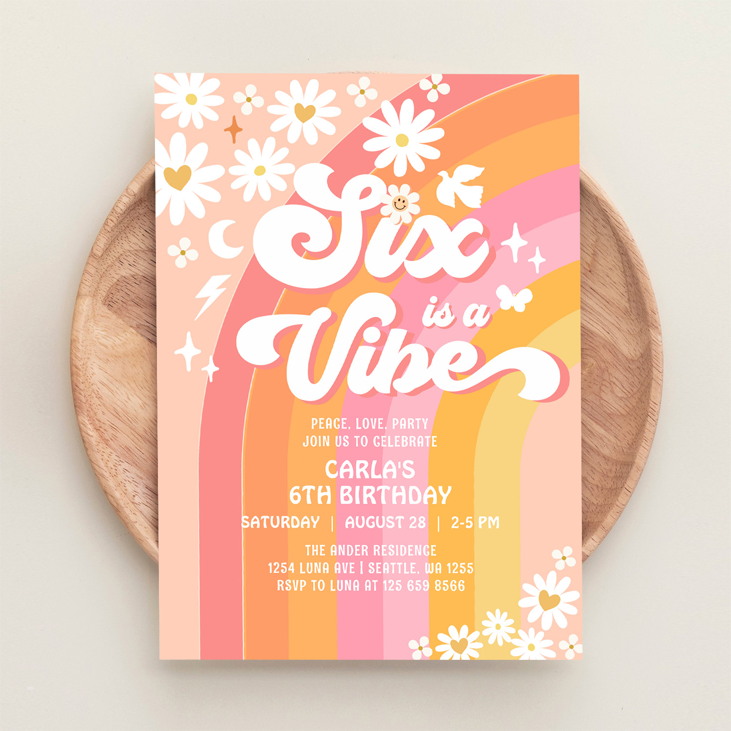 Six Is A Vibe Daisy 6th Groovy Birthday Invitation - Image 7