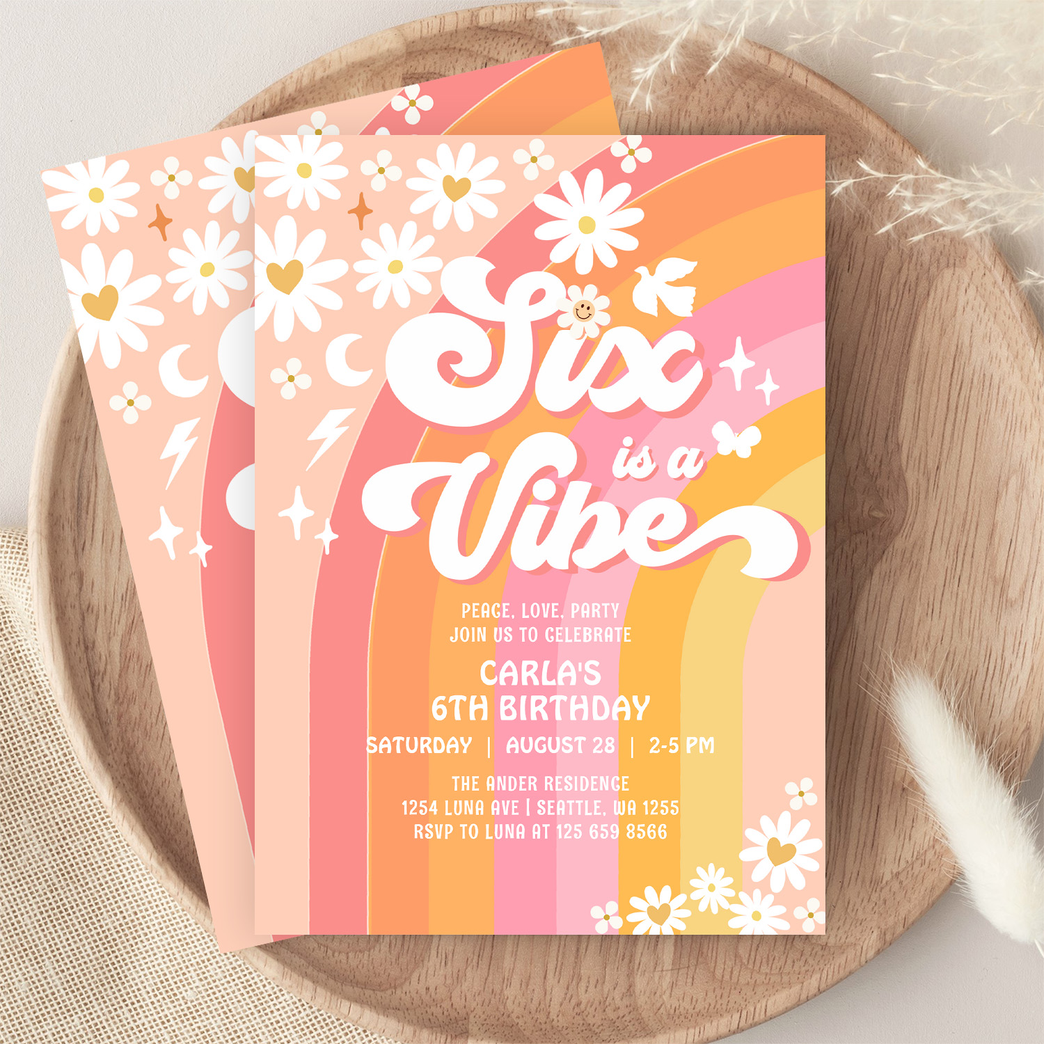 Six Is A Vibe Daisy 6th Groovy Birthday Invitation - Image 9