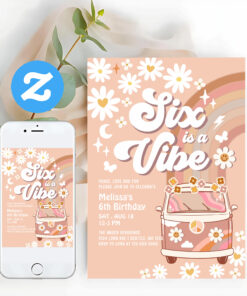 Six Is A Vibe Daisy Beige Cream 6th Birthday Invitation