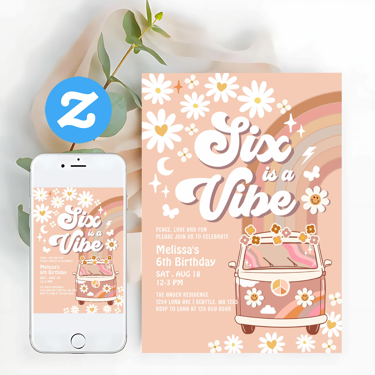 Six Is A Vibe Daisy Beige Cream 6th Birthday Invitation