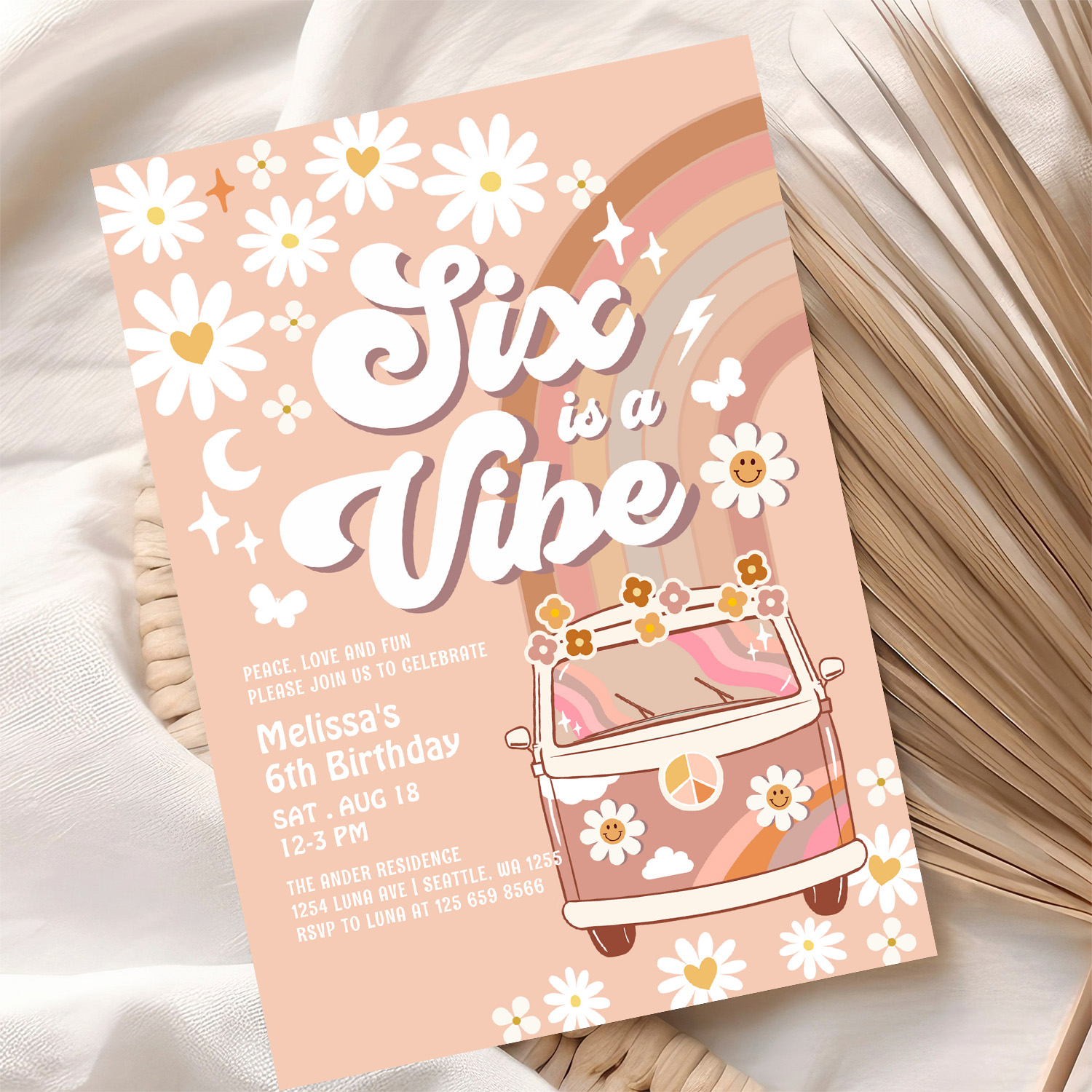 Six Is A Vibe Daisy Beige Cream 6th Birthday Invitation - Image 10