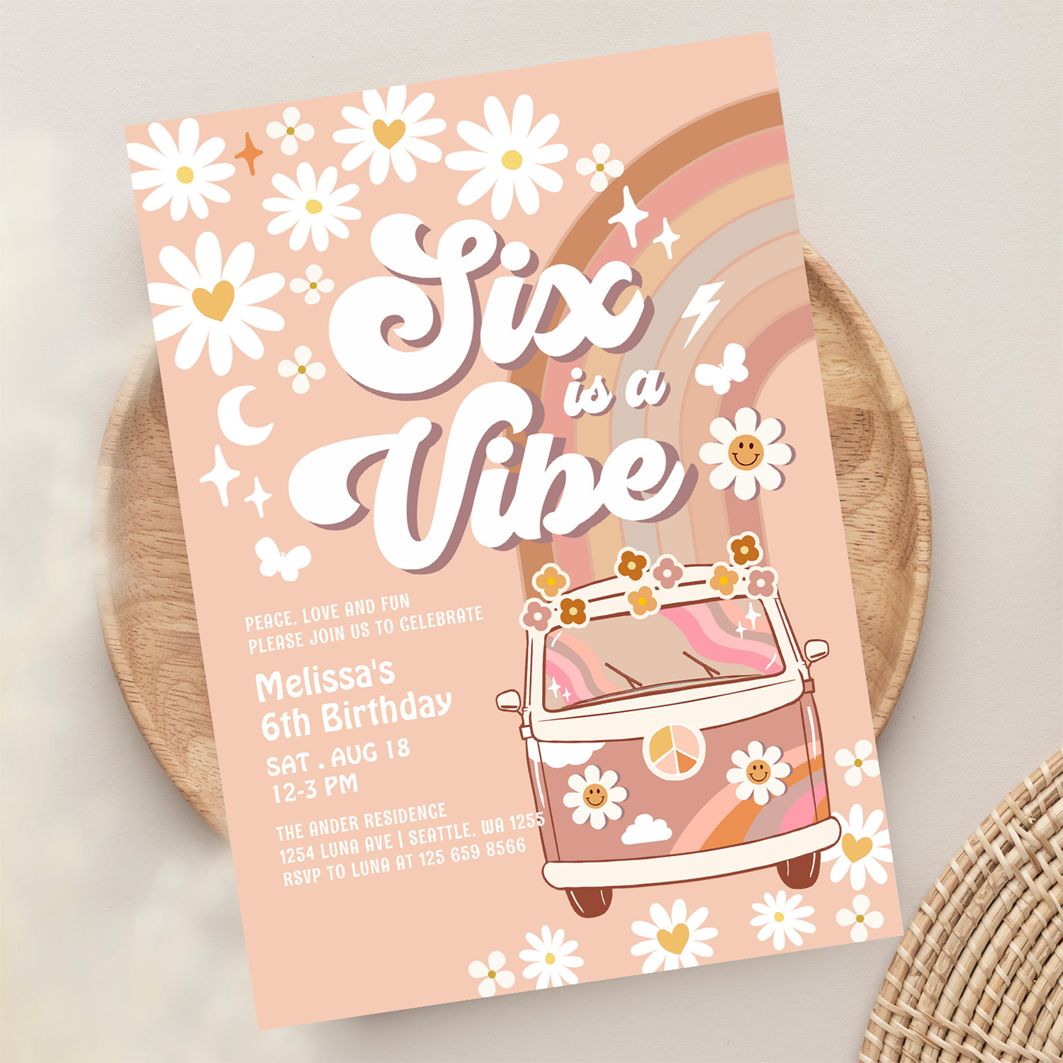 Six Is A Vibe Daisy Beige Cream 6th Birthday Invitation - Image 13