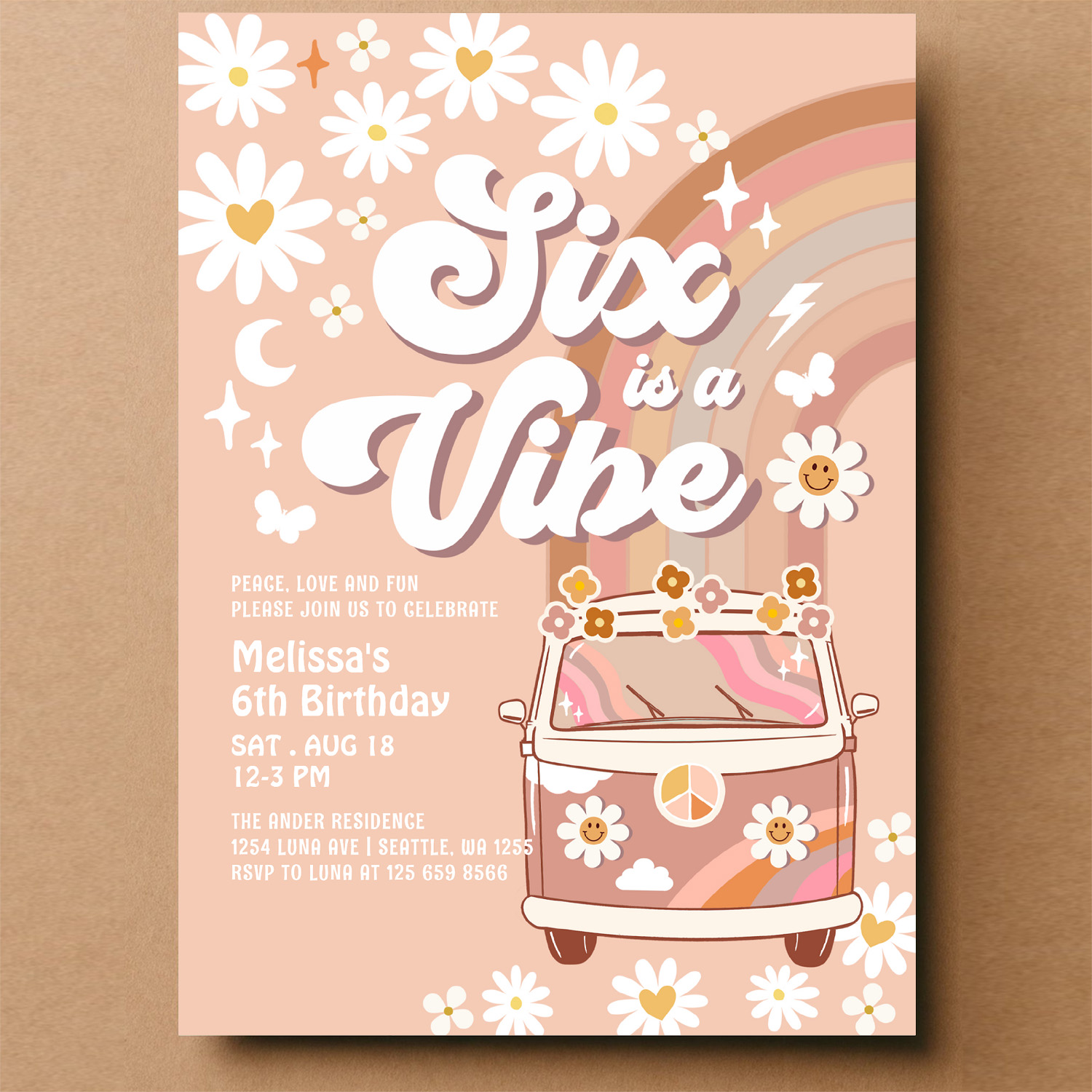 Six Is A Vibe Daisy Beige Cream 6th Birthday Invitation - Image 14