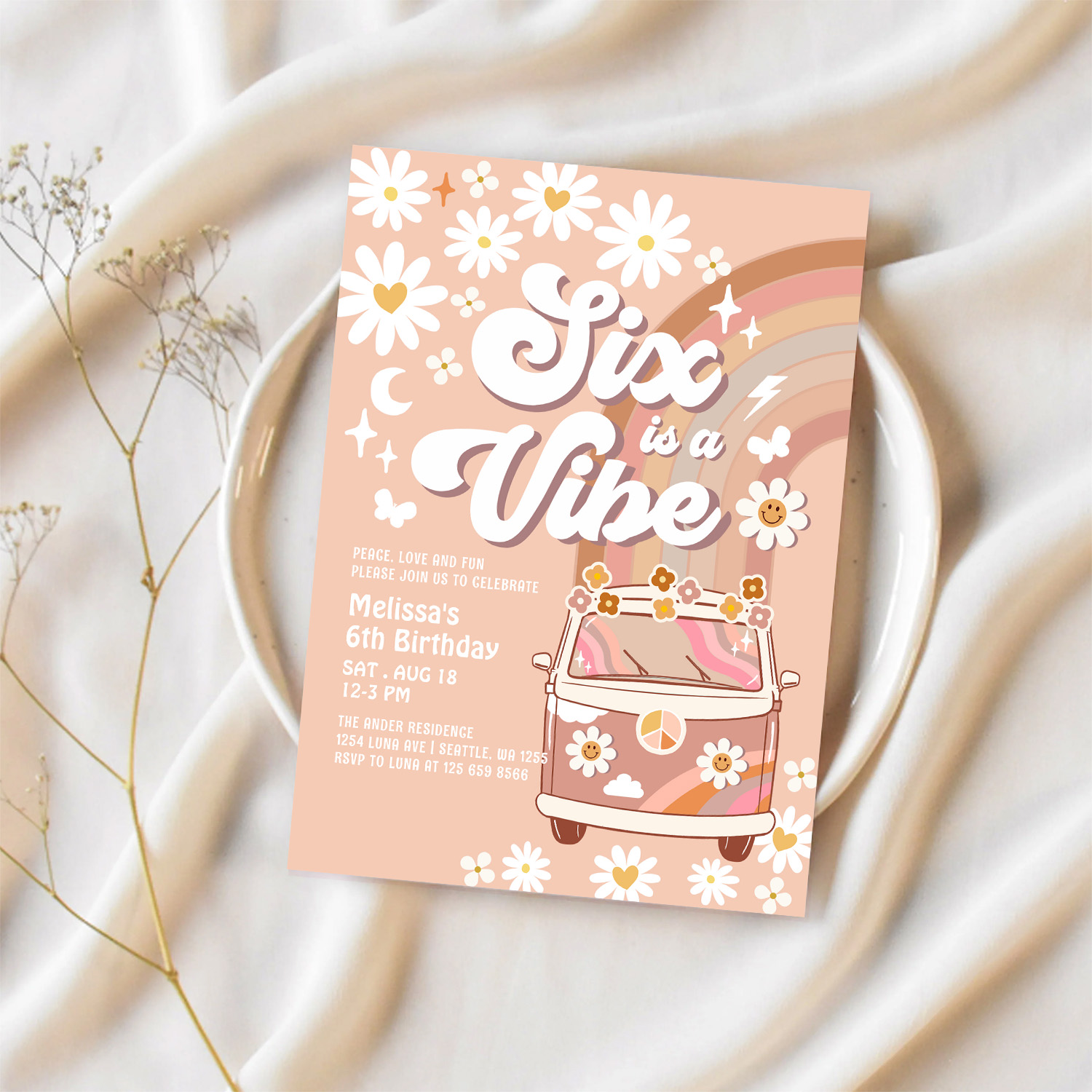 Six Is A Vibe Daisy Beige Cream 6th Birthday Invitation - Image 2