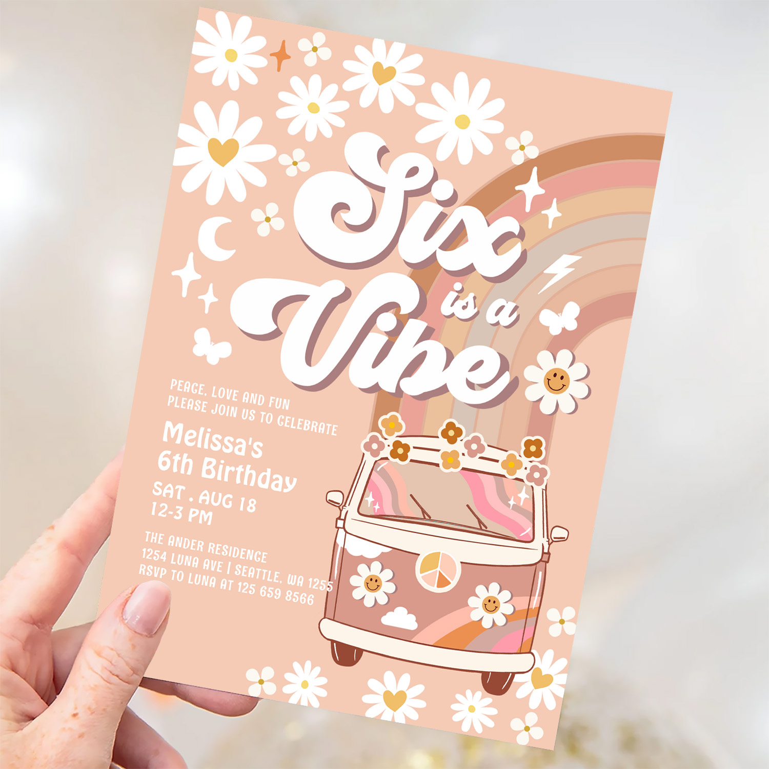 Six Is A Vibe Daisy Beige Cream 6th Birthday Invitation - Image 3