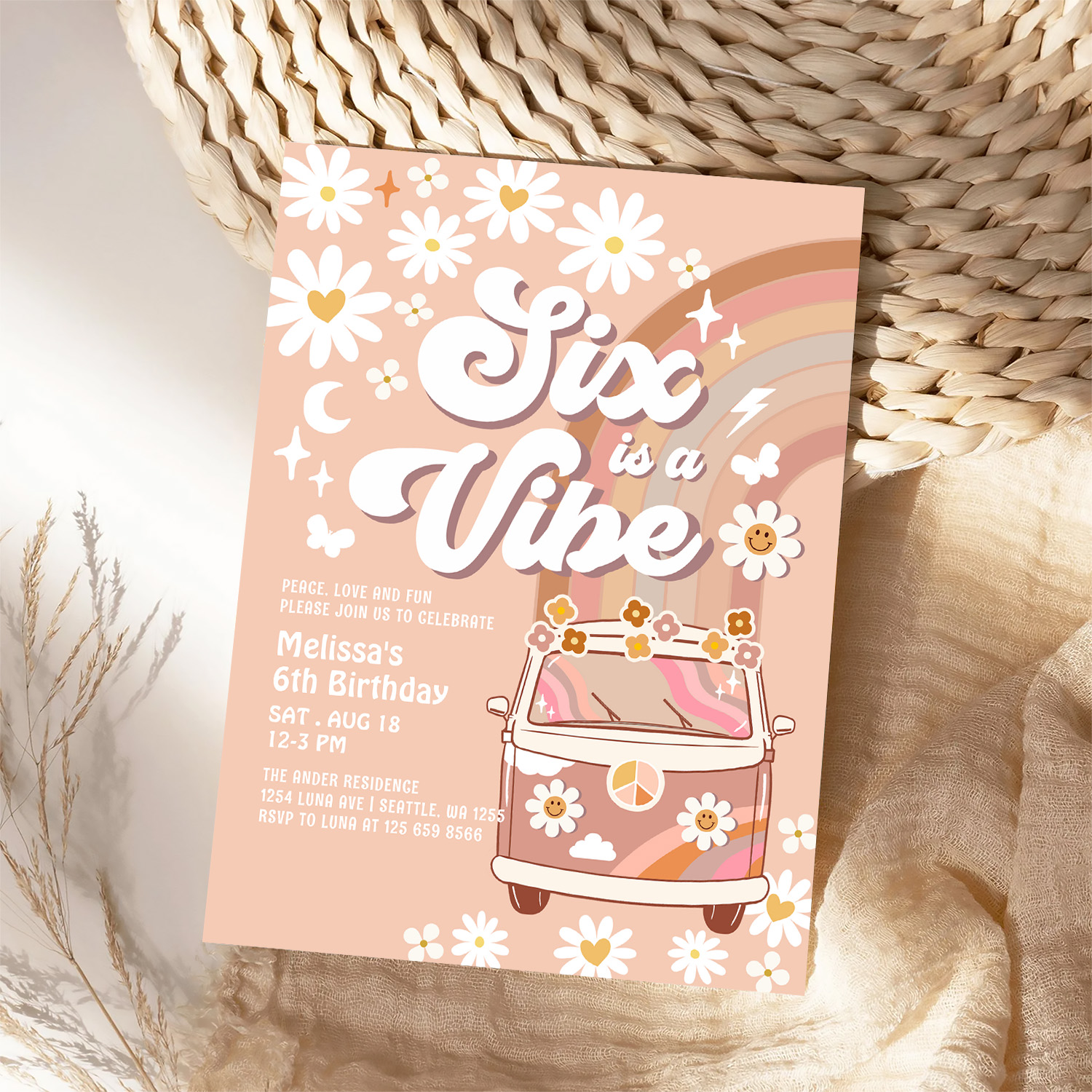 Six Is A Vibe Daisy Beige Cream 6th Birthday Invitation - Image 4