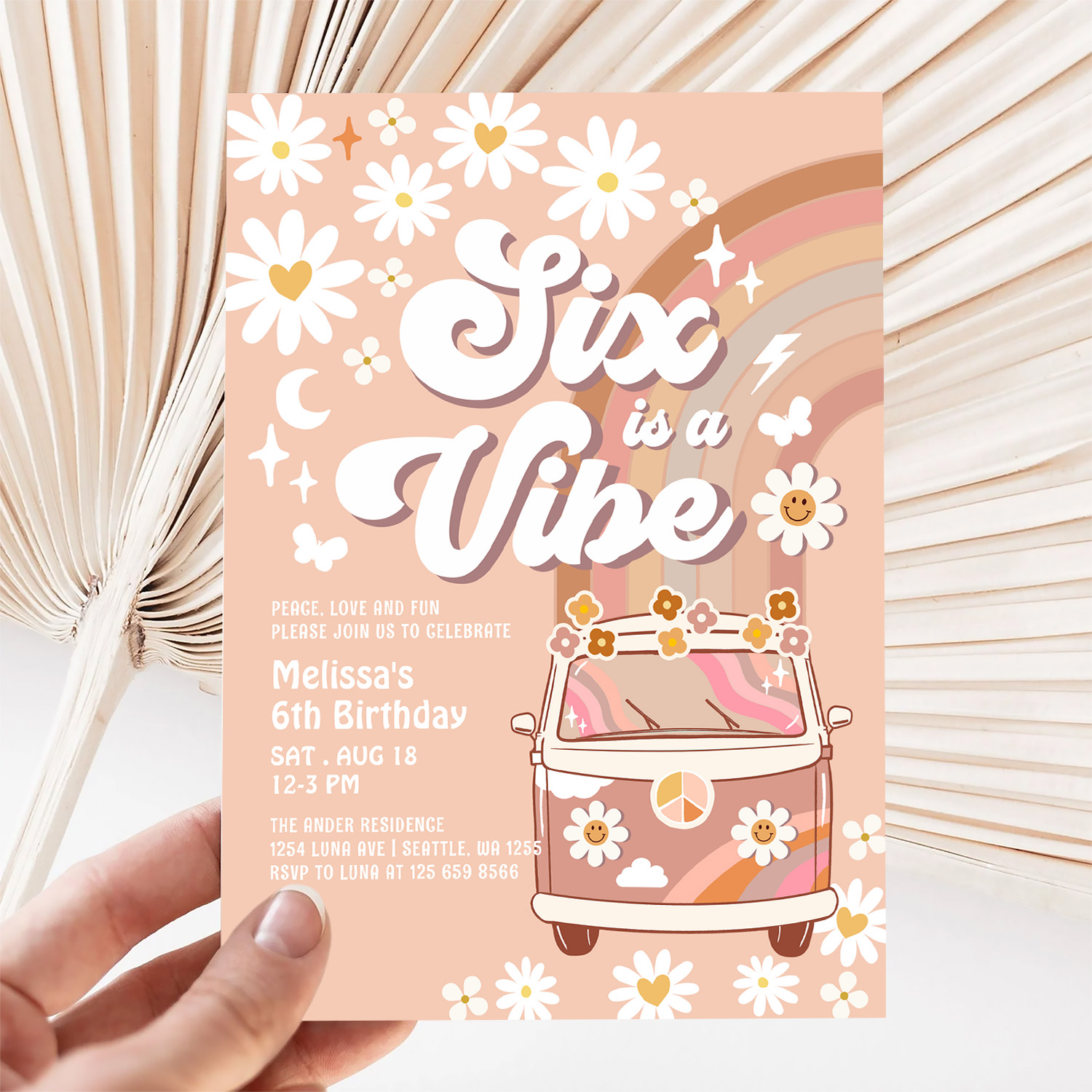 Six Is A Vibe Daisy Beige Cream 6th Birthday Invitation - Image 5