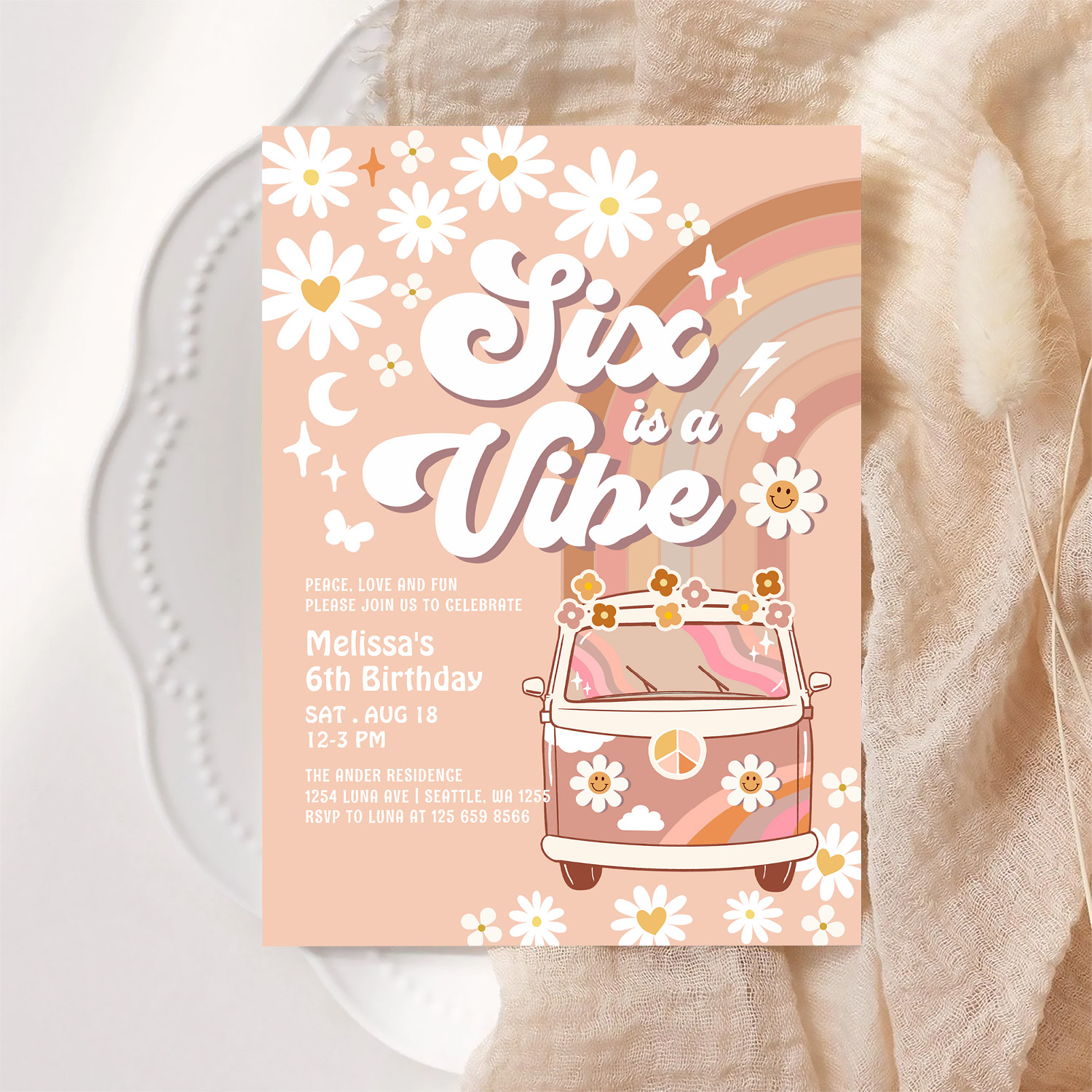 Six Is A Vibe Daisy Beige Cream 6th Birthday Invitation - Image 6