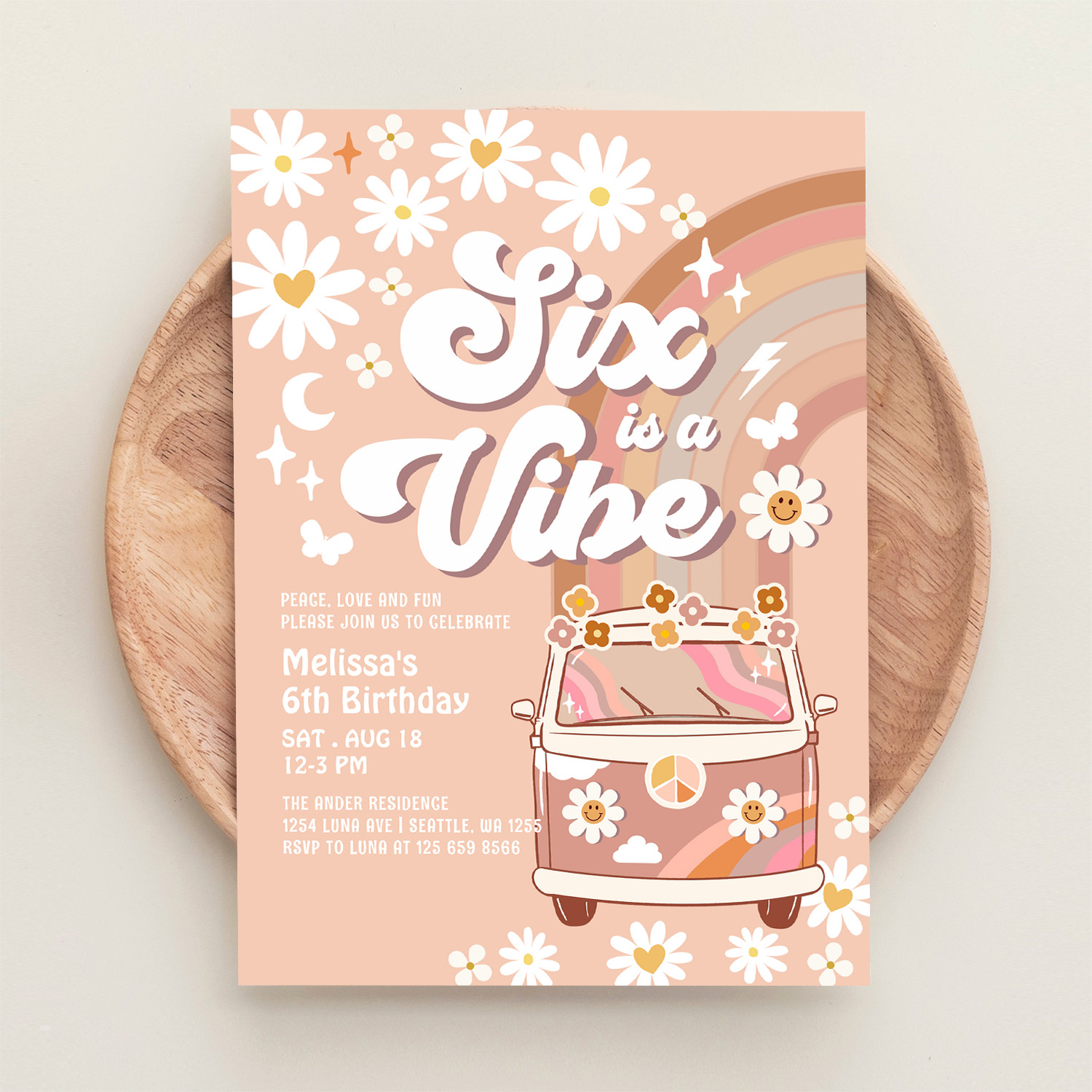 Six Is A Vibe Daisy Beige Cream 6th Birthday Invitation - Image 7