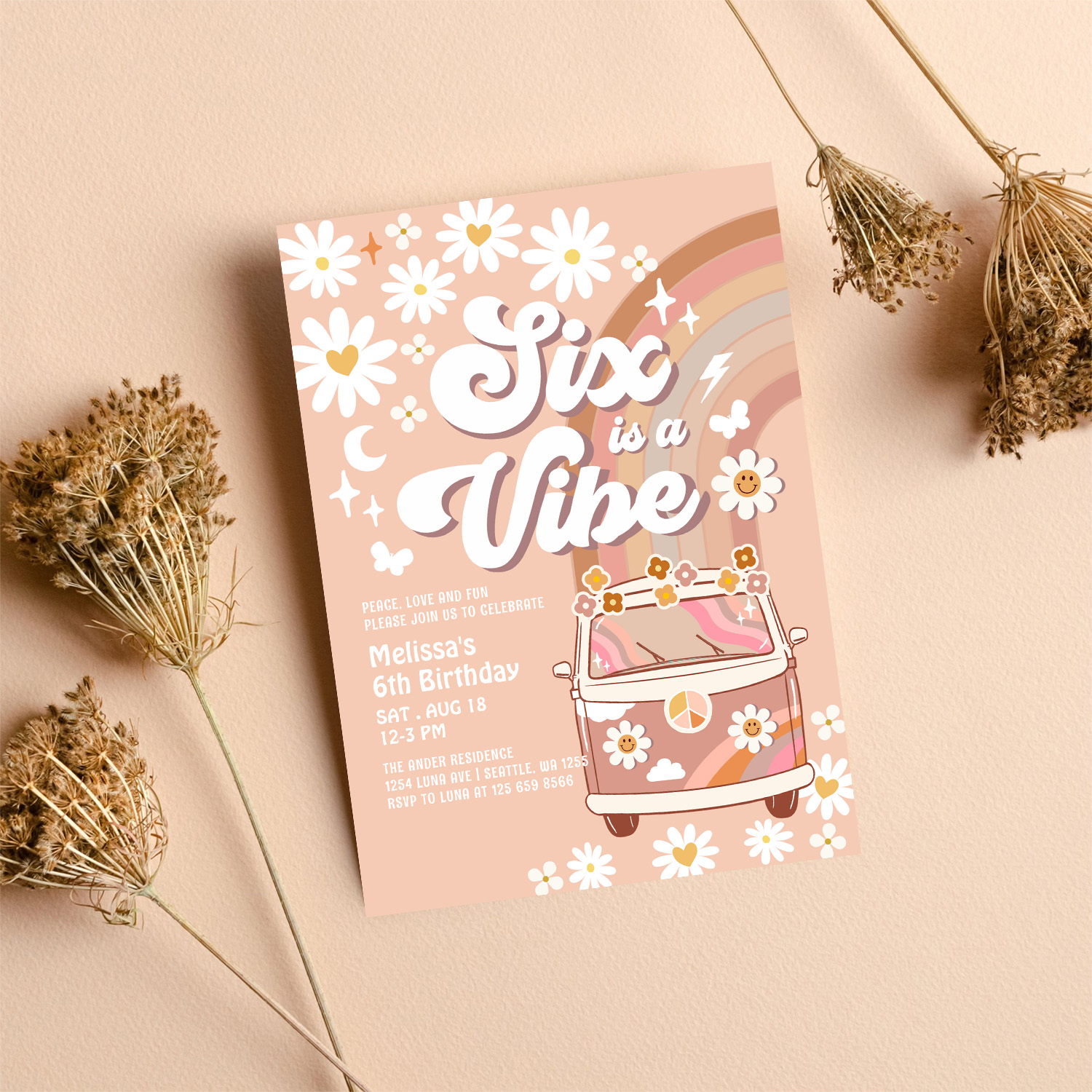 Six Is A Vibe Daisy Beige Cream 6th Birthday Invitation - Image 8