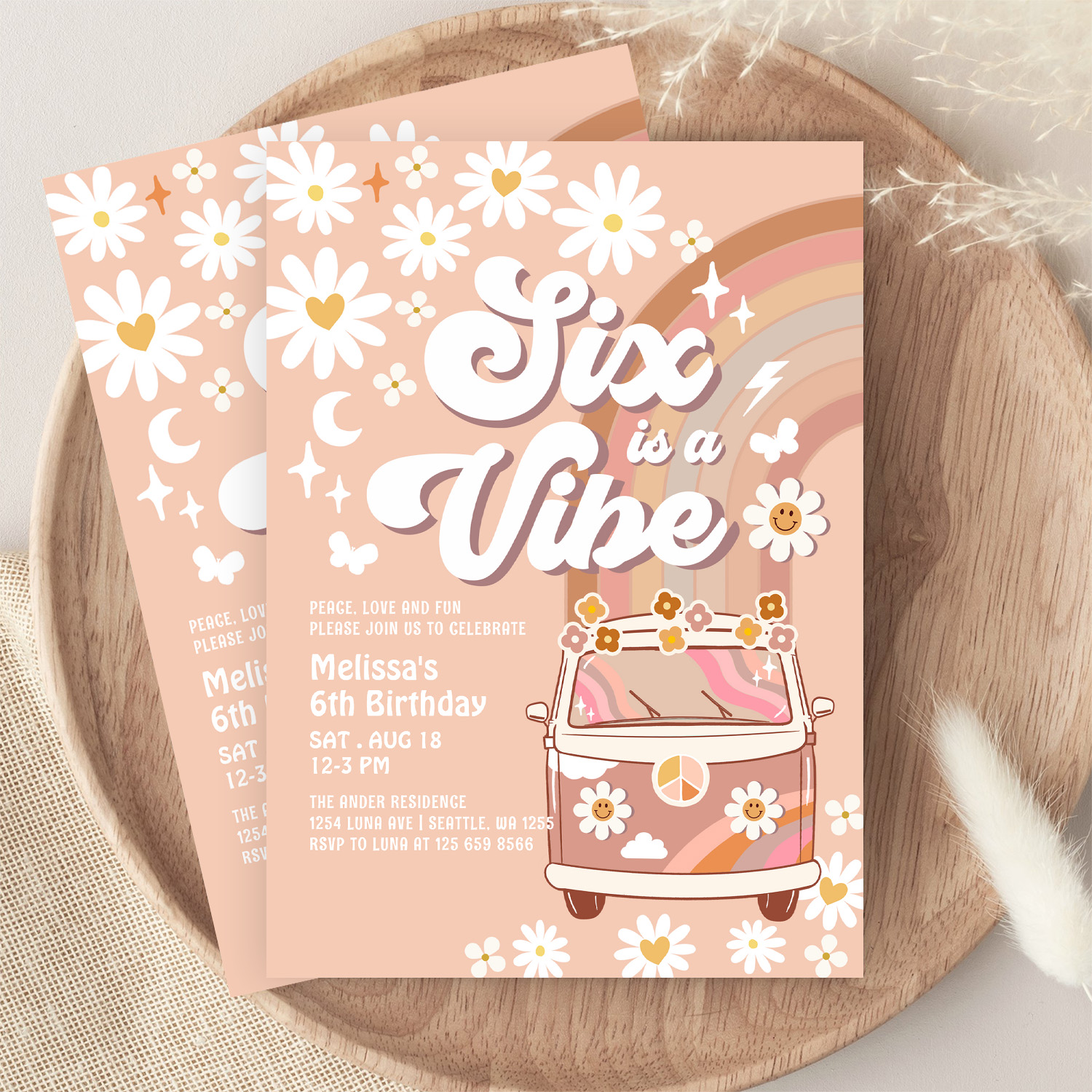 Six Is A Vibe Daisy Beige Cream 6th Birthday Invitation - Image 9