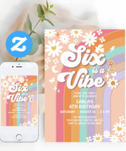 Six Is A Vibe Daisy Rainbow Groovy 6th Birthday Invitation