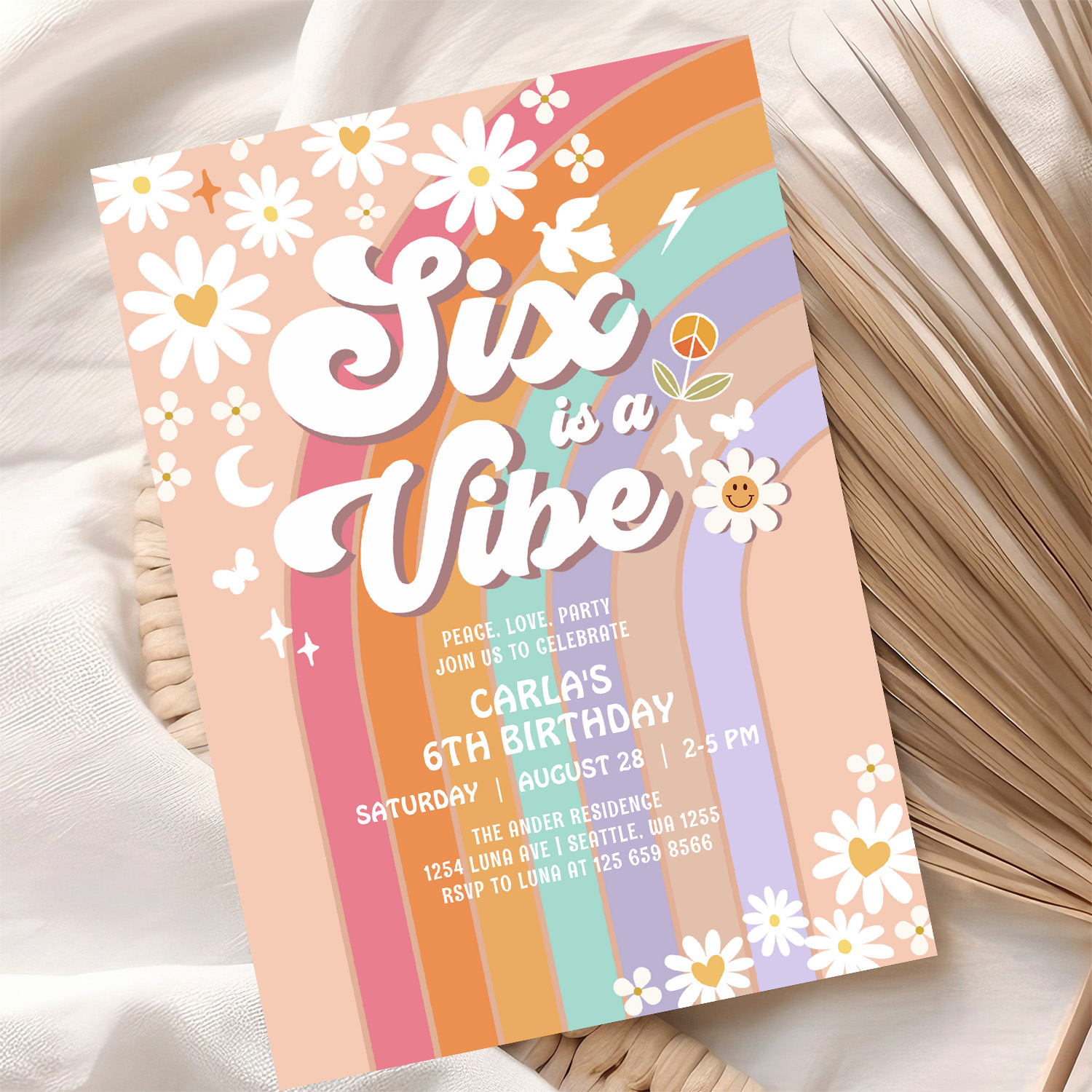 Six Is A Vibe Daisy Rainbow Groovy 6th Birthday Invitation - Image 10