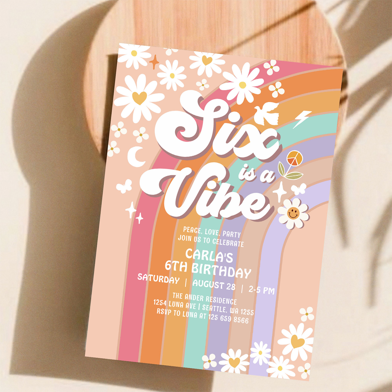 Six Is A Vibe Daisy Rainbow Groovy 6th Birthday Invitation - Image 11