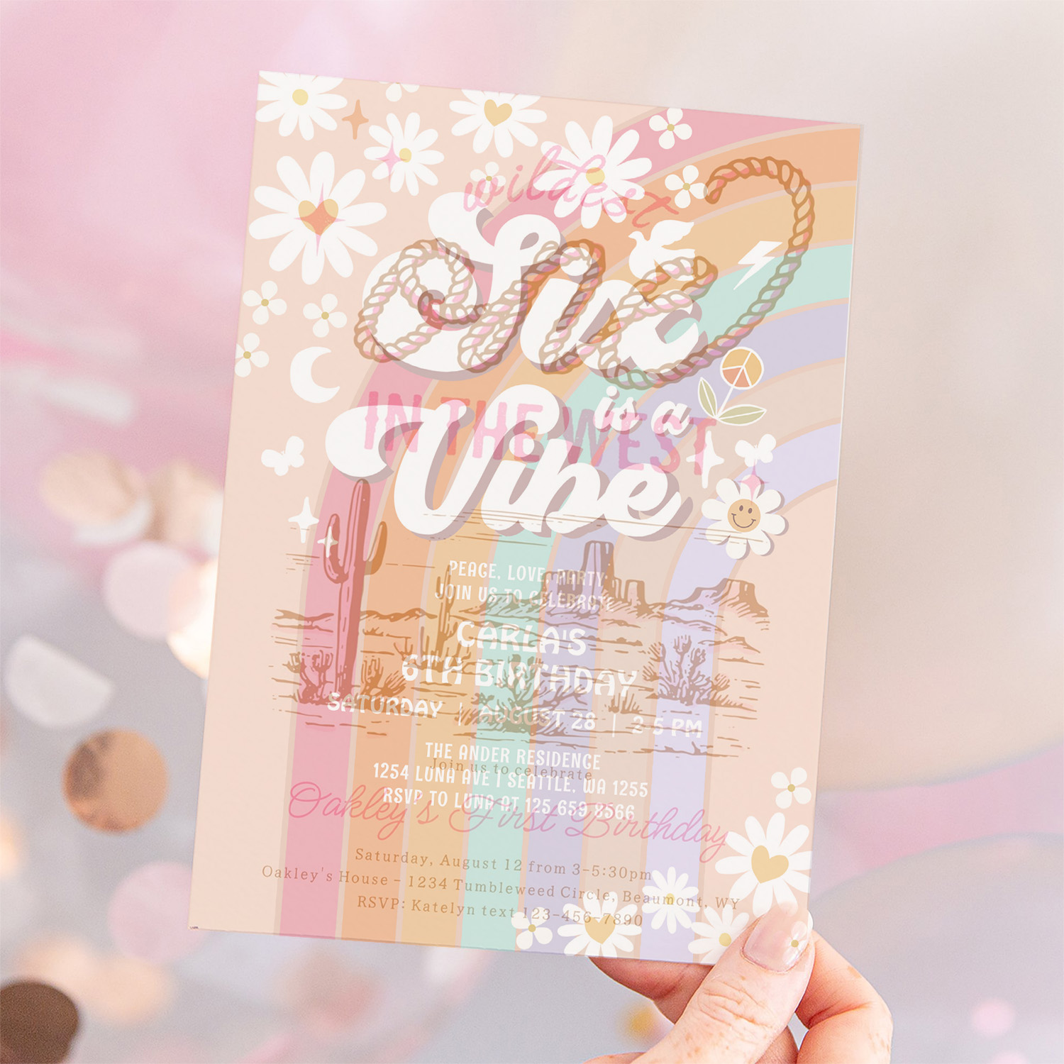 Six Is A Vibe Daisy Rainbow Groovy 6th Birthday Invitation - Image 12