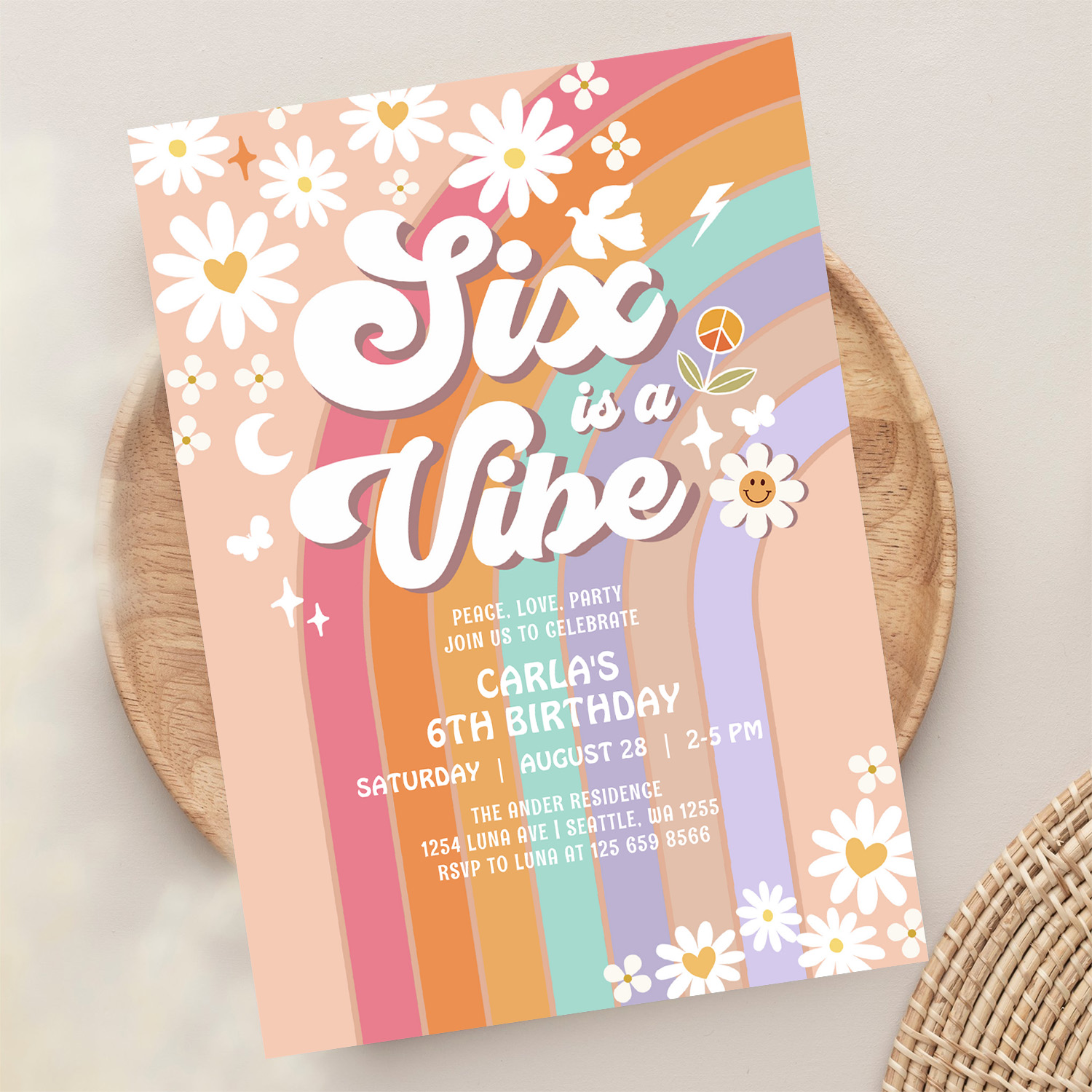 Six Is A Vibe Daisy Rainbow Groovy 6th Birthday Invitation - Image 13