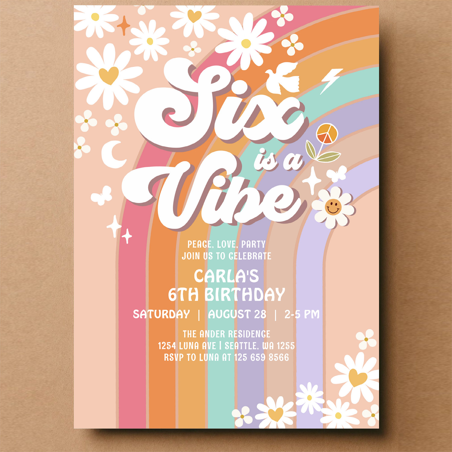 Six Is A Vibe Daisy Rainbow Groovy 6th Birthday Invitation - Image 14