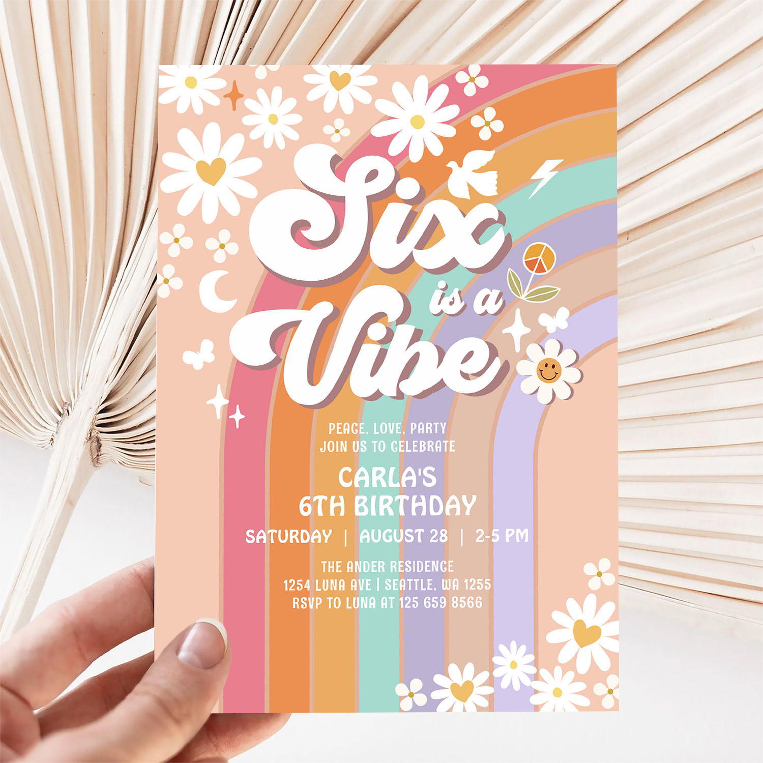 Six Is A Vibe Daisy Rainbow Groovy 6th Birthday Invitation - Image 5