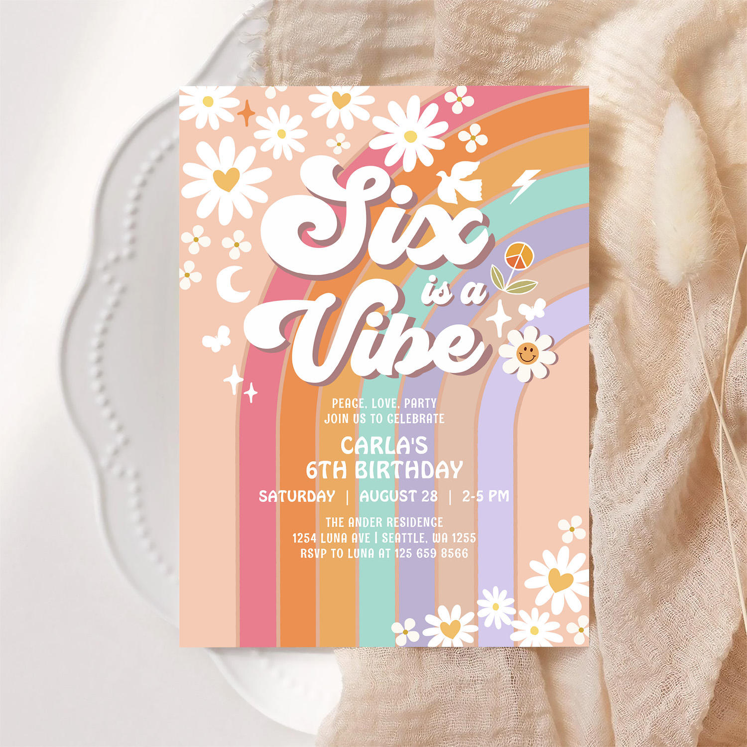 Six Is A Vibe Daisy Rainbow Groovy 6th Birthday Invitation - Image 6