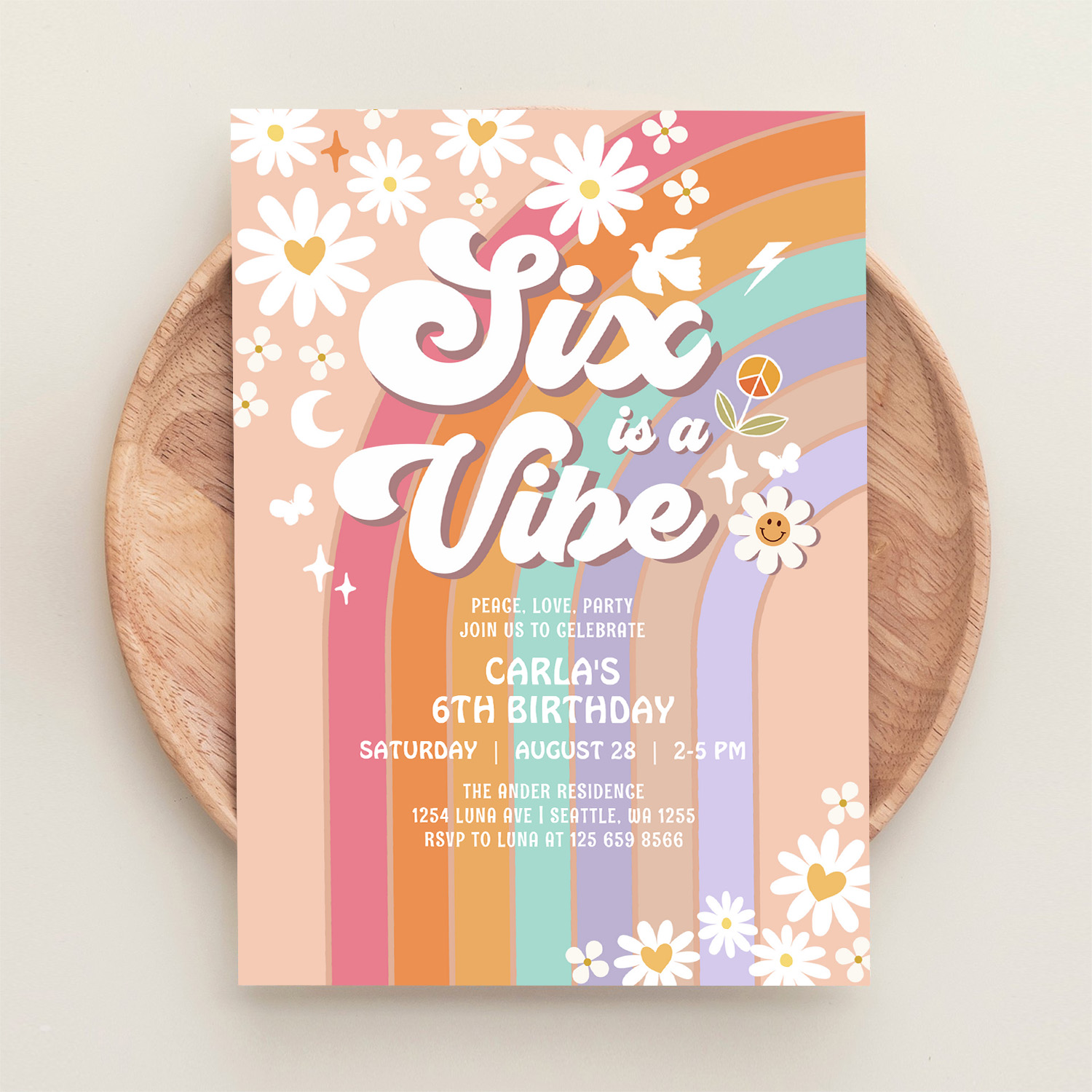Six Is A Vibe Daisy Rainbow Groovy 6th Birthday Invitation - Image 7
