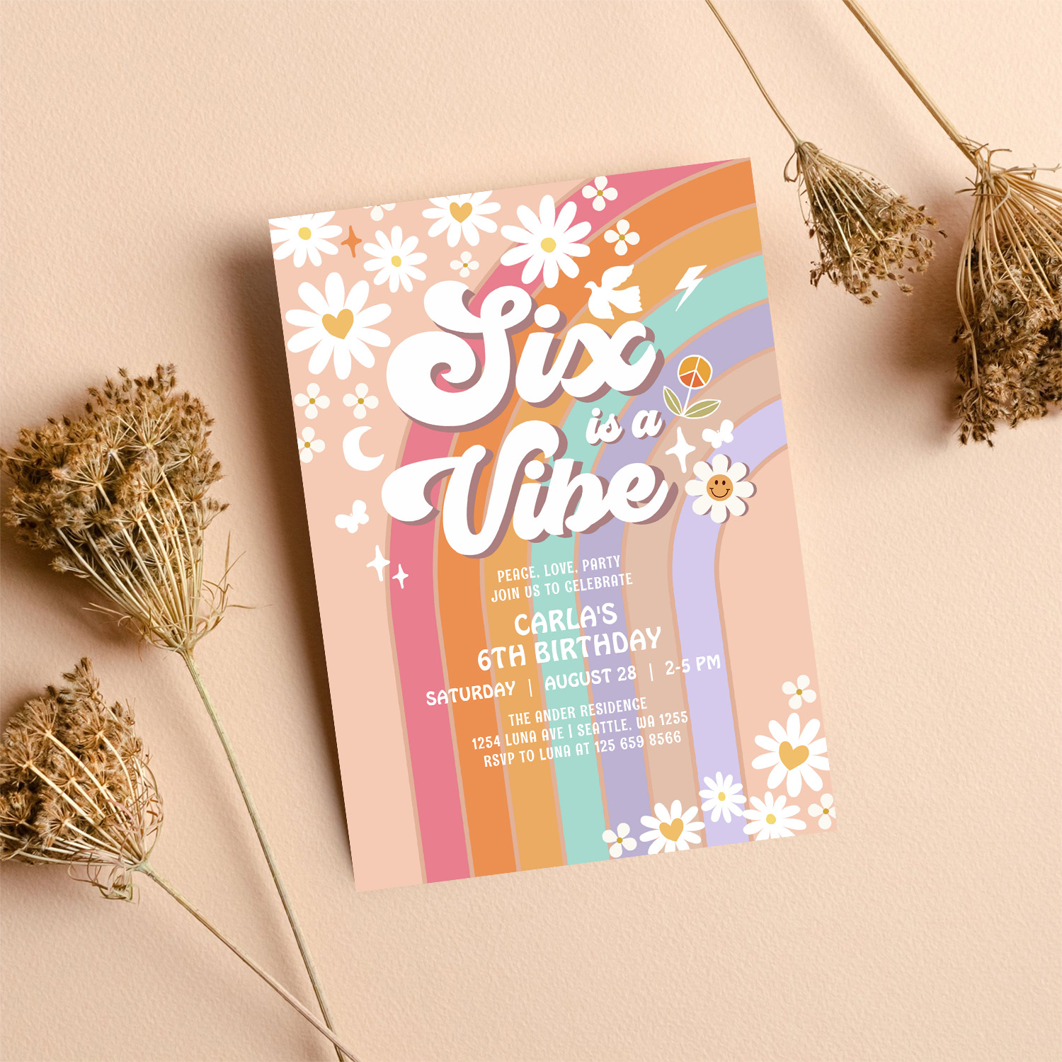 Six Is A Vibe Daisy Rainbow Groovy 6th Birthday Invitation - Image 8