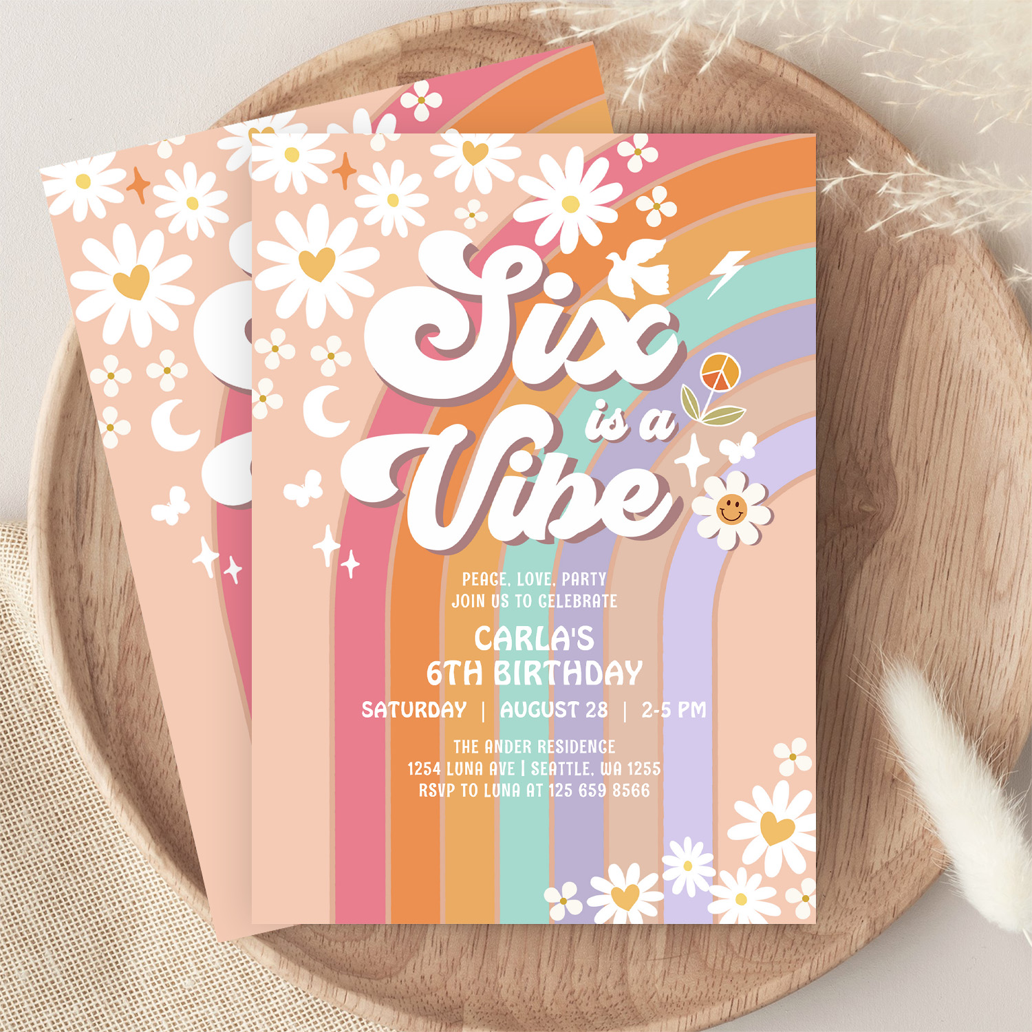 Six Is A Vibe Daisy Rainbow Groovy 6th Birthday Invitation - Image 9