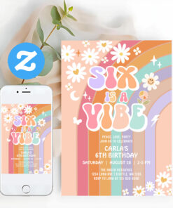 Six Is A Vibe Daisy Rainbow Groovy 6th Birthday Invitation