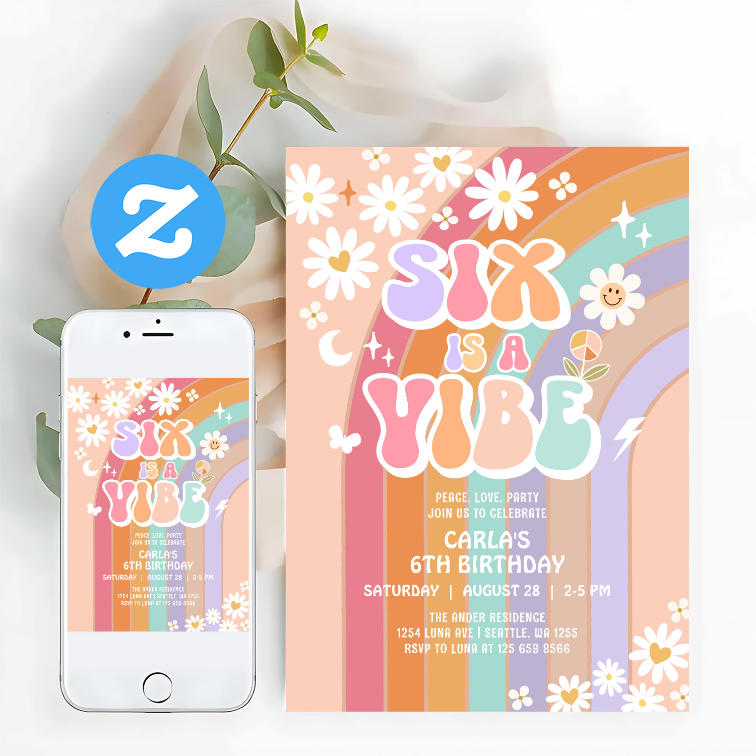 Six Is A Vibe Daisy Rainbow Groovy 6th Birthday Invitation