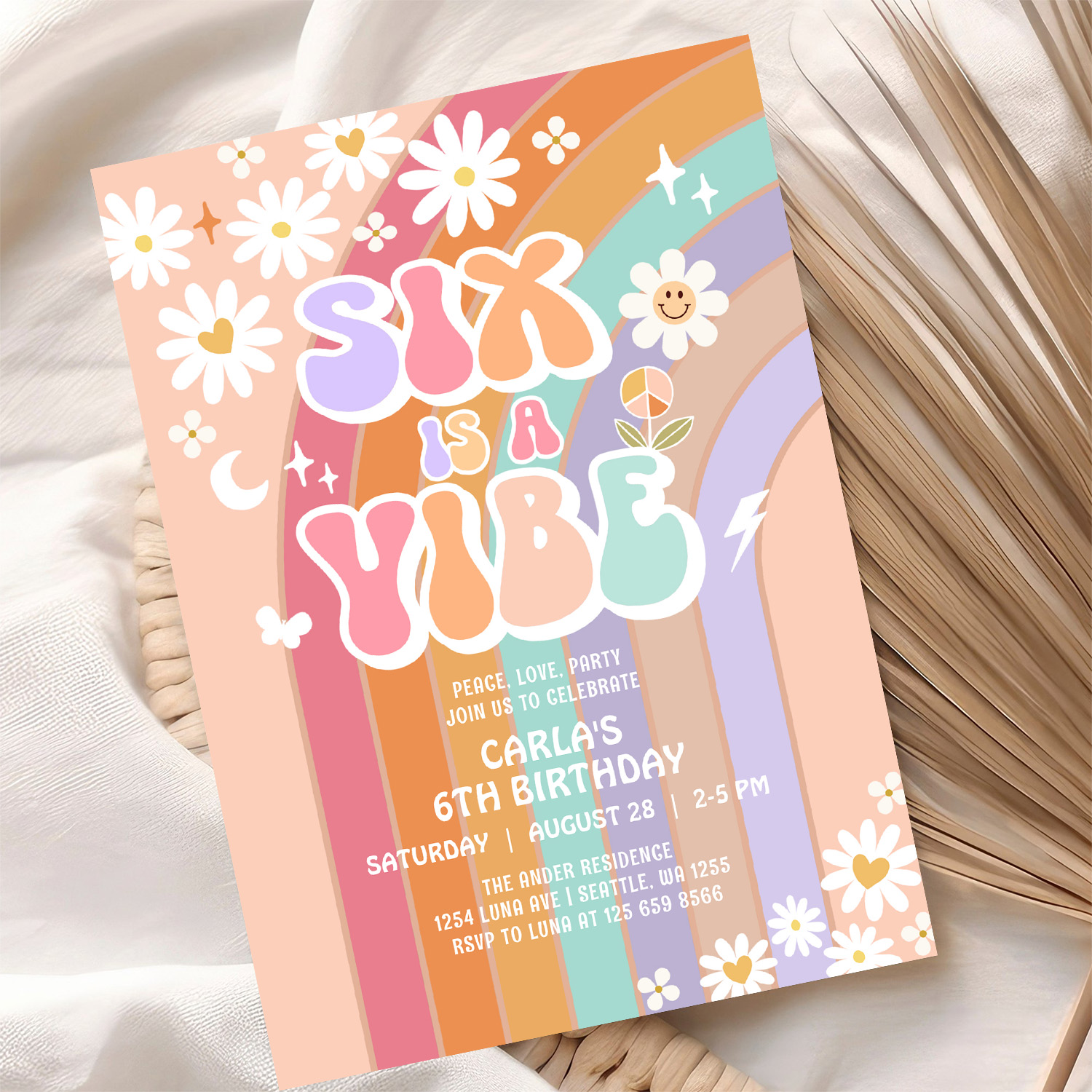 Six Is A Vibe Daisy Rainbow Groovy 6th Birthday Invitation - Image 10