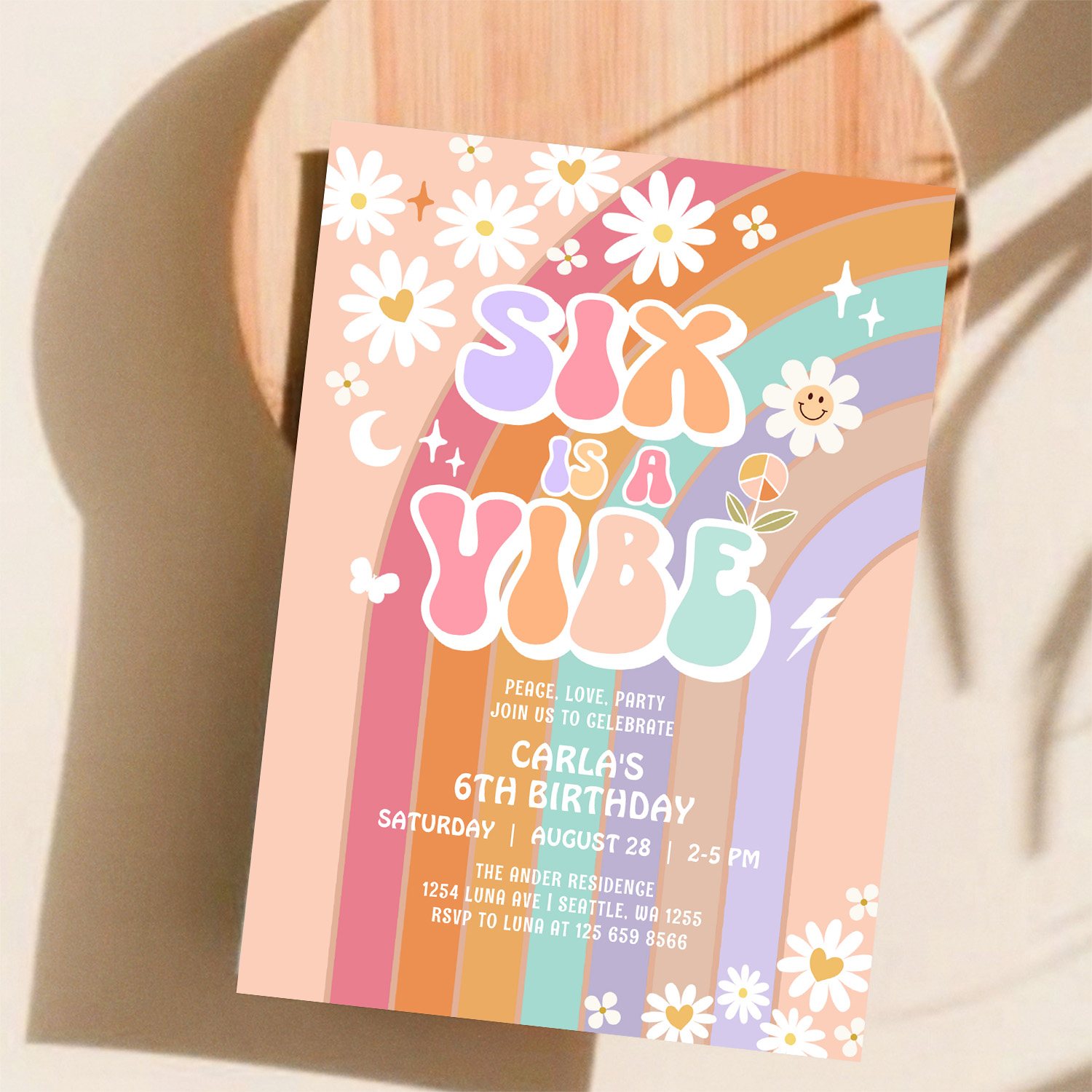 Six Is A Vibe Daisy Rainbow Groovy 6th Birthday Invitation - Image 11
