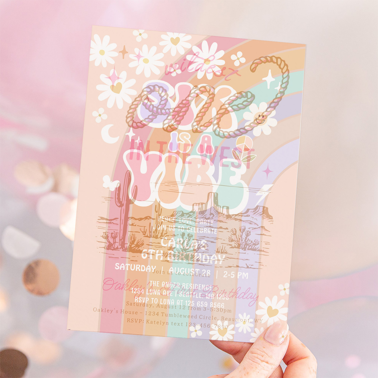 Six Is A Vibe Daisy Rainbow Groovy 6th Birthday Invitation - Image 12