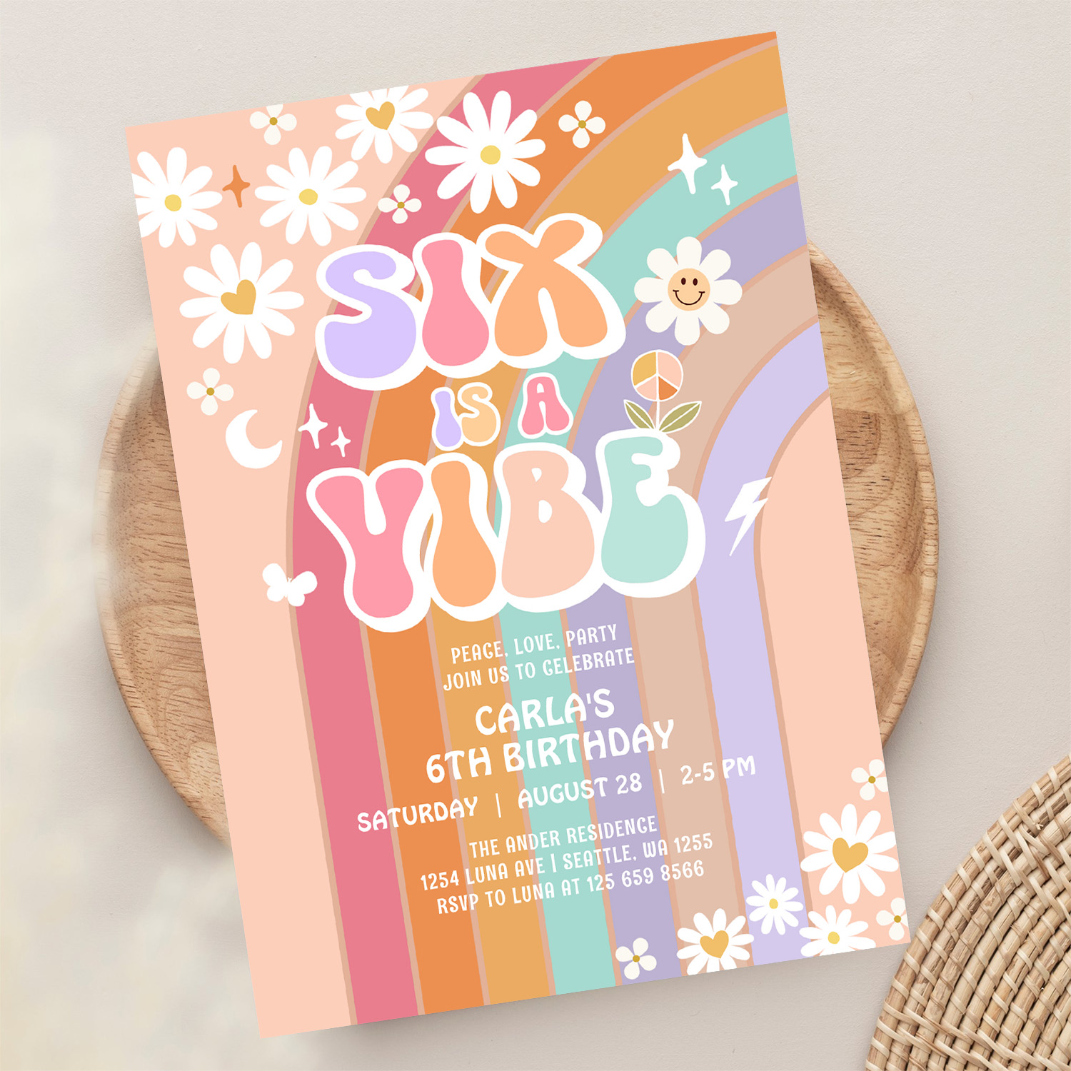 Six Is A Vibe Daisy Rainbow Groovy 6th Birthday Invitation - Image 13