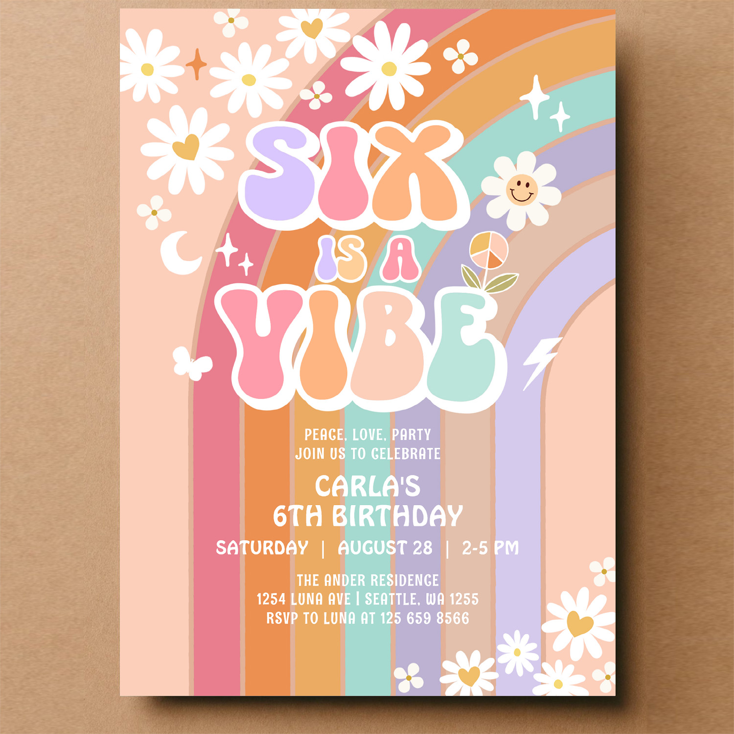 Six Is A Vibe Daisy Rainbow Groovy 6th Birthday Invitation - Image 14