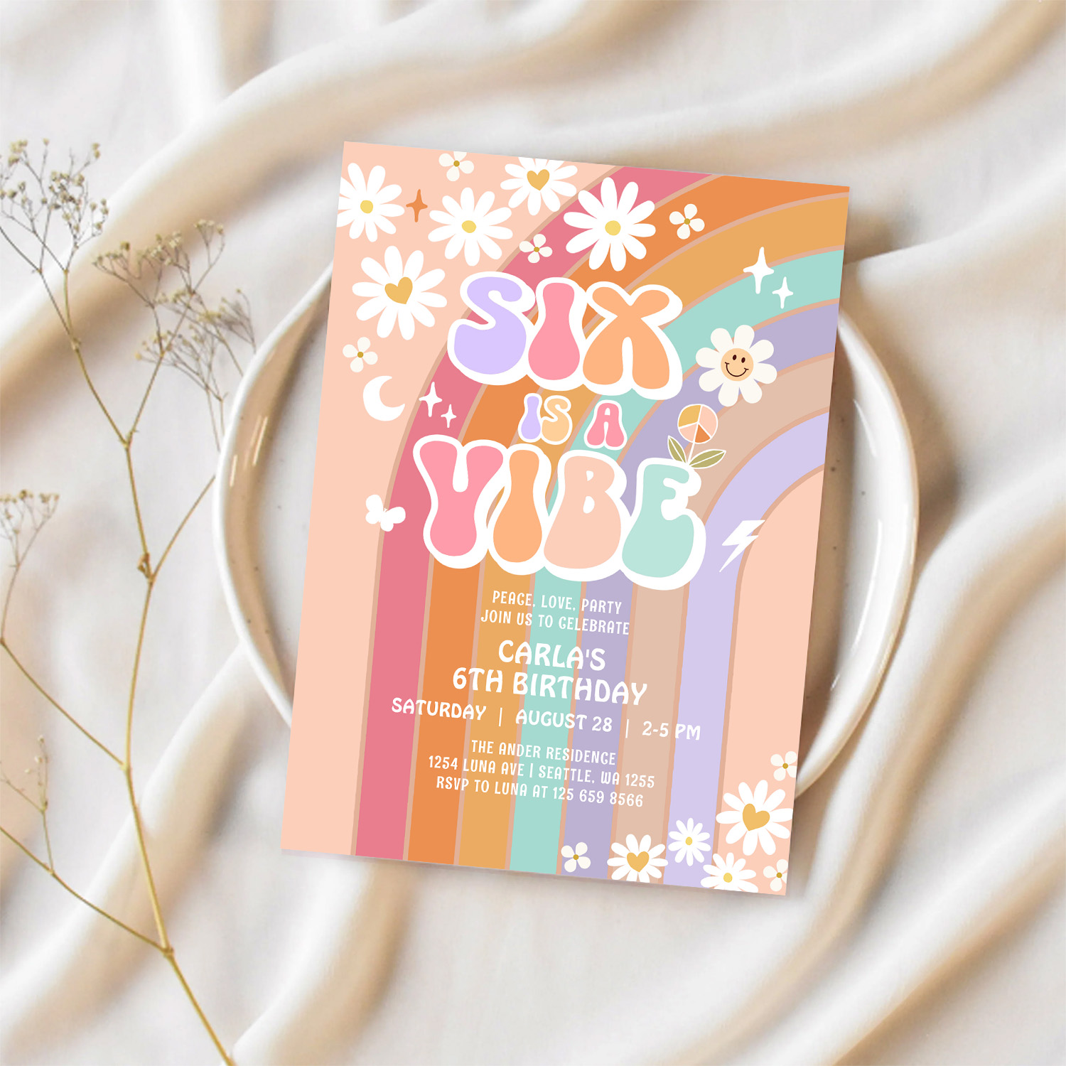 Six Is A Vibe Daisy Rainbow Groovy 6th Birthday Invitation - Image 2