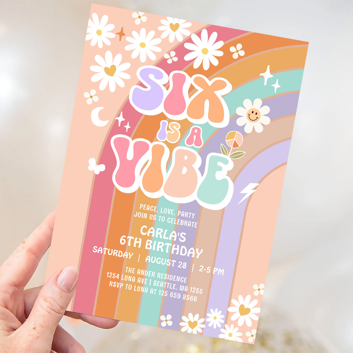 Six Is A Vibe Daisy Rainbow Groovy 6th Birthday Invitation - Image 3