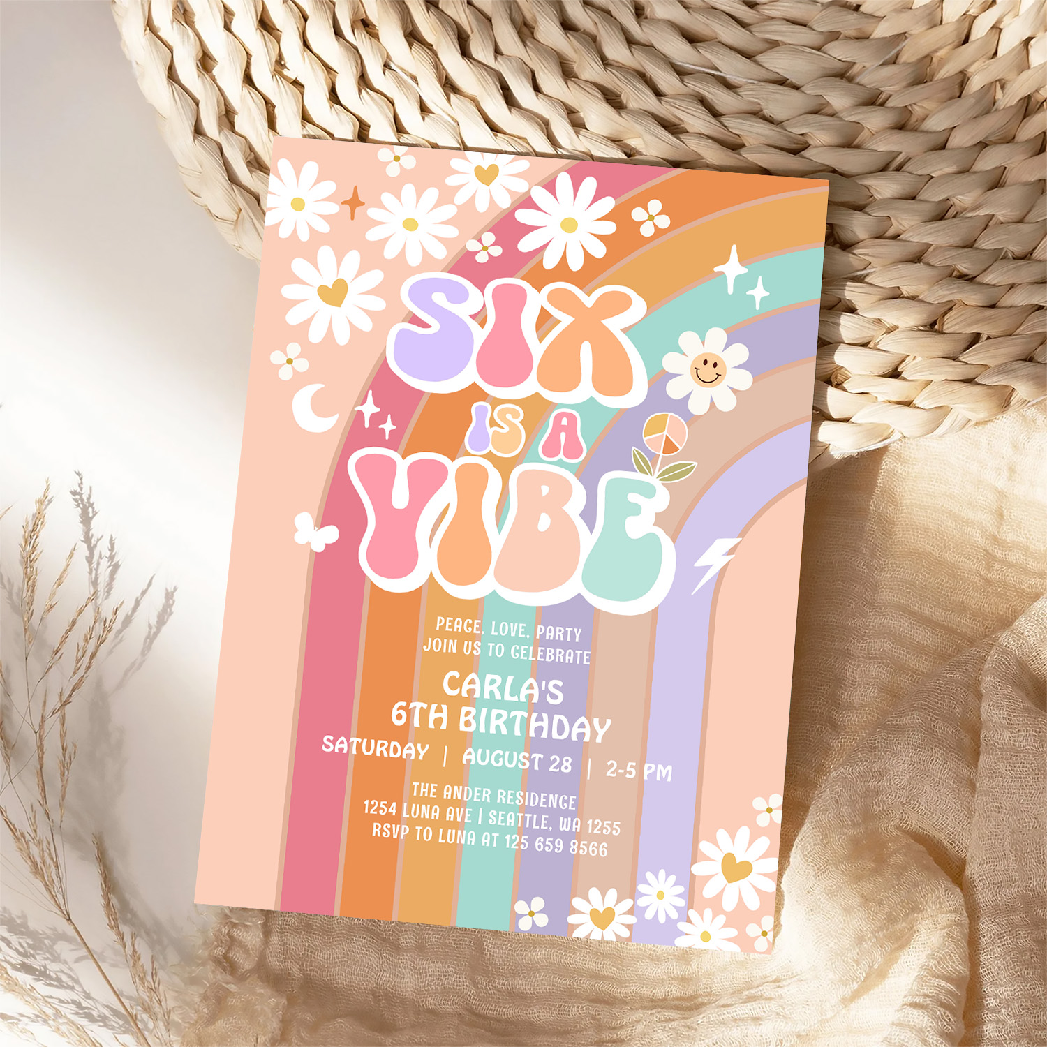 Six Is A Vibe Daisy Rainbow Groovy 6th Birthday Invitation - Image 4