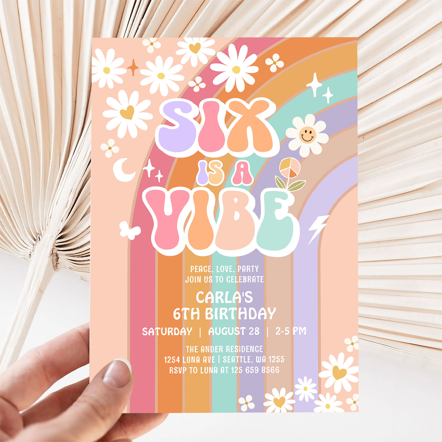 Six Is A Vibe Daisy Rainbow Groovy 6th Birthday Invitation - Image 5