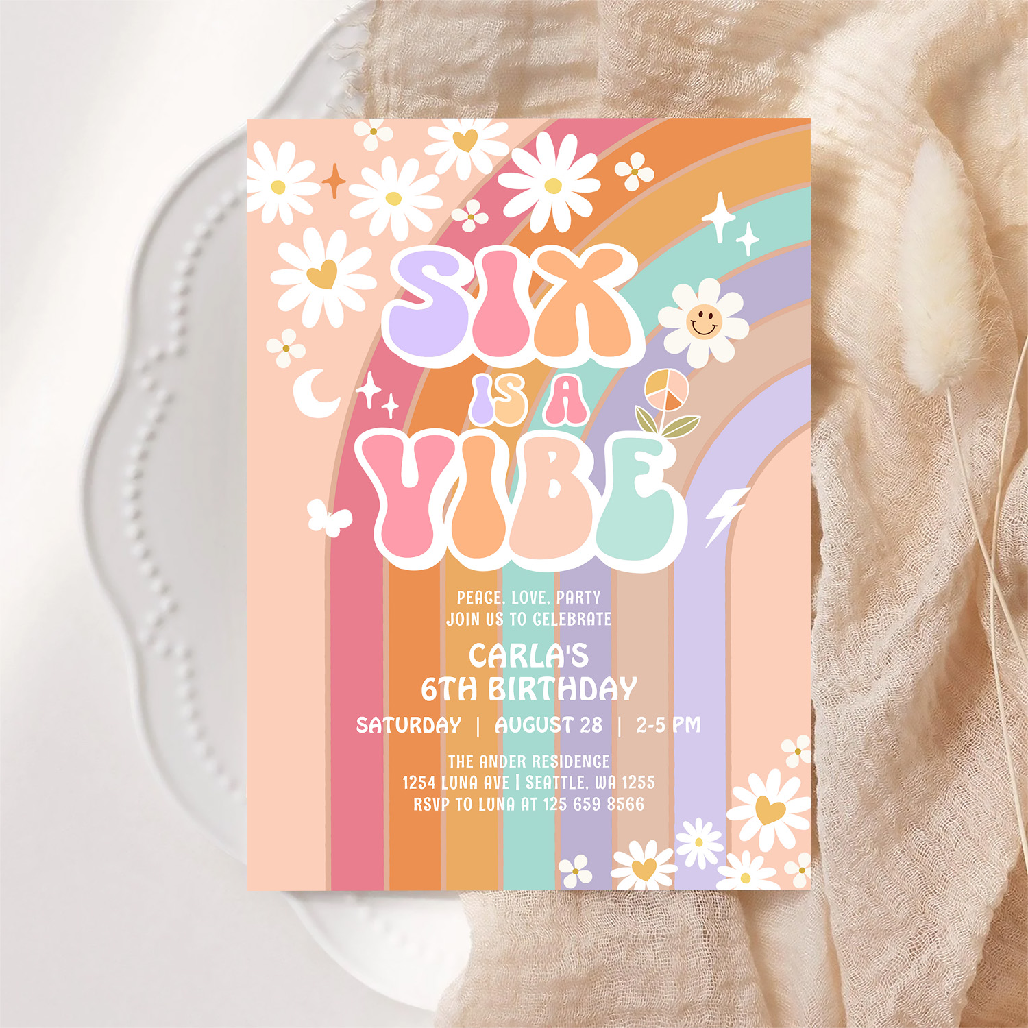 Six Is A Vibe Daisy Rainbow Groovy 6th Birthday Invitation - Image 6