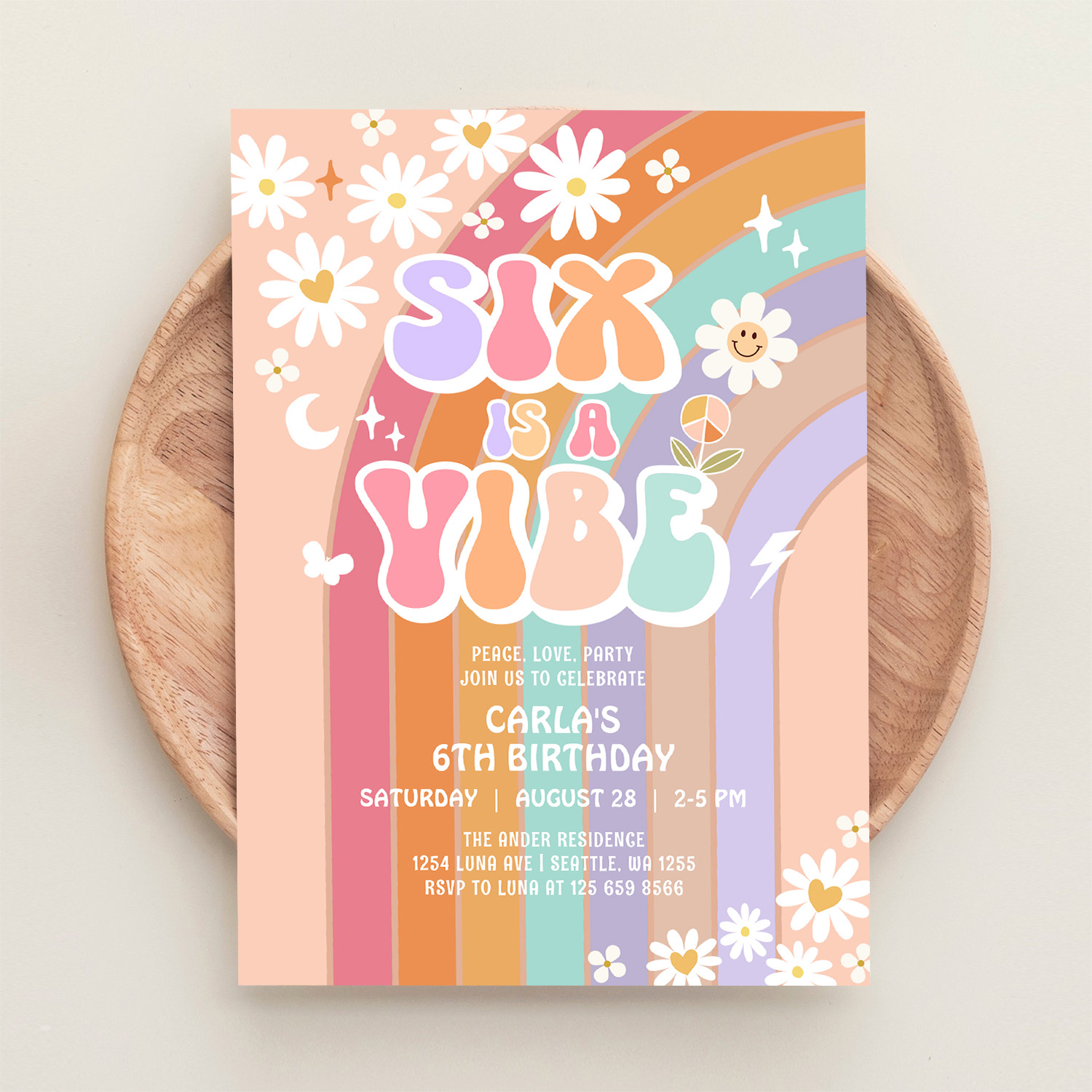 Six Is A Vibe Daisy Rainbow Groovy 6th Birthday Invitation - Image 7