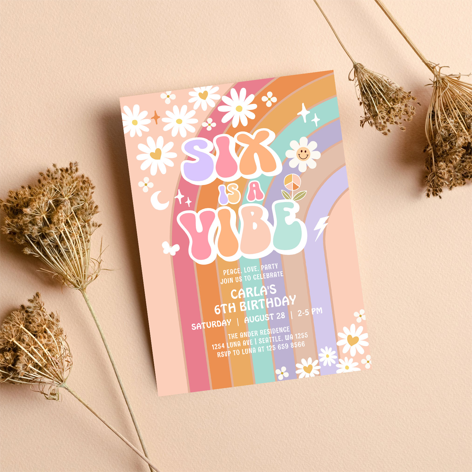 Six Is A Vibe Daisy Rainbow Groovy 6th Birthday Invitation - Image 8