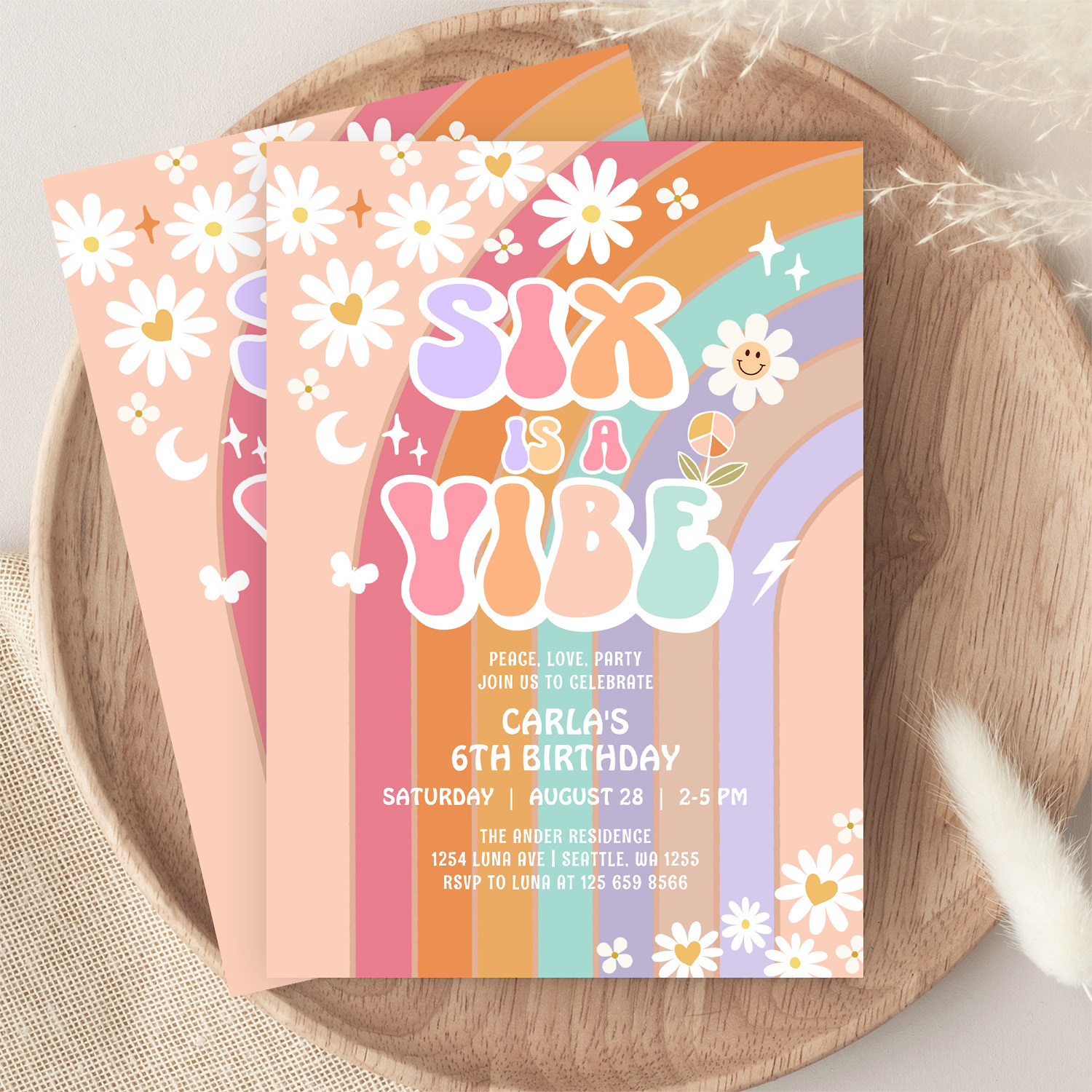 Six Is A Vibe Daisy Rainbow Groovy 6th Birthday Invitation - Image 9