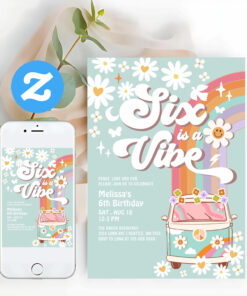 Six Is A Vibe Daisy Rainbow Groovy 6th Birthday Invitation