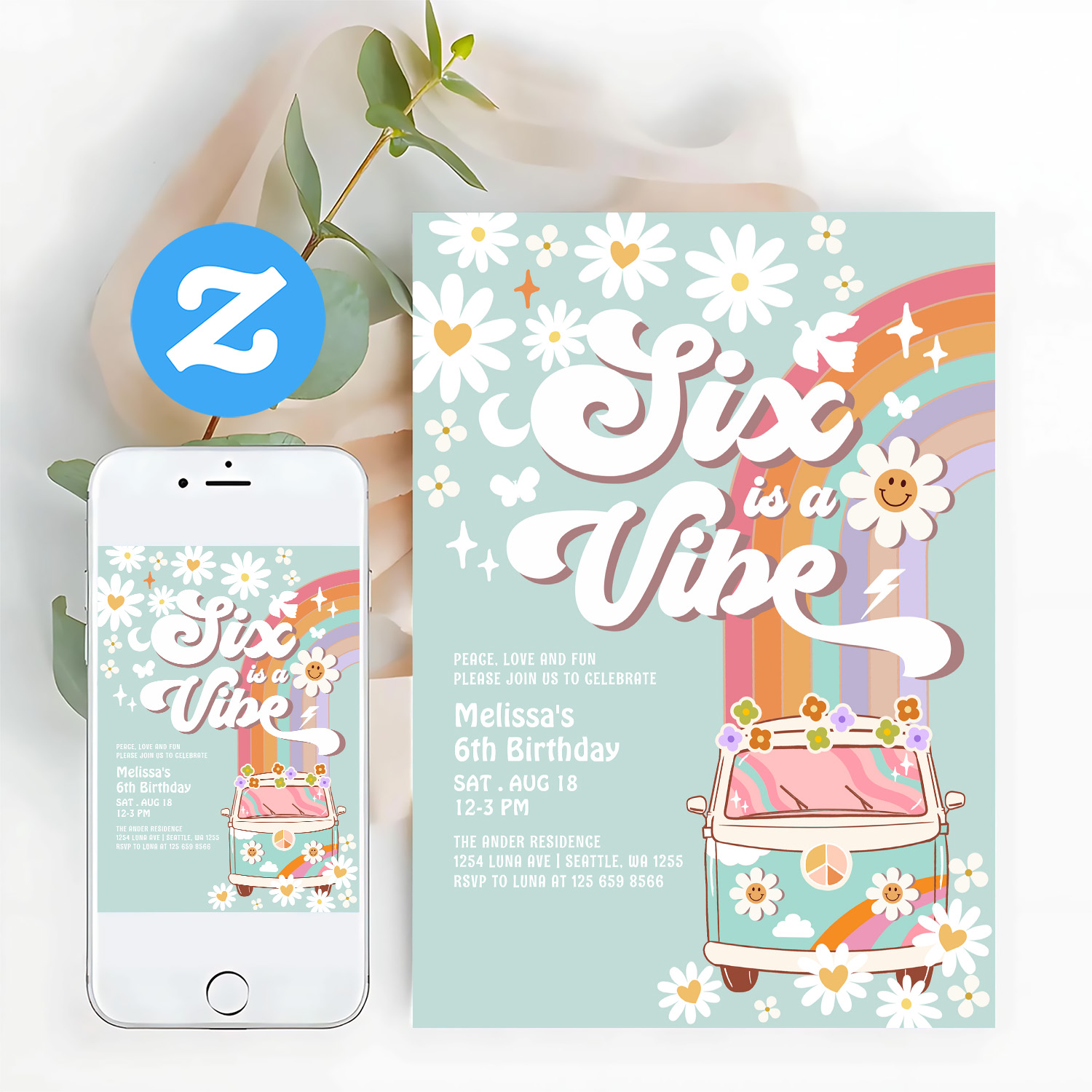 Six Is A Vibe Daisy Rainbow Groovy 6th Birthday Invitation