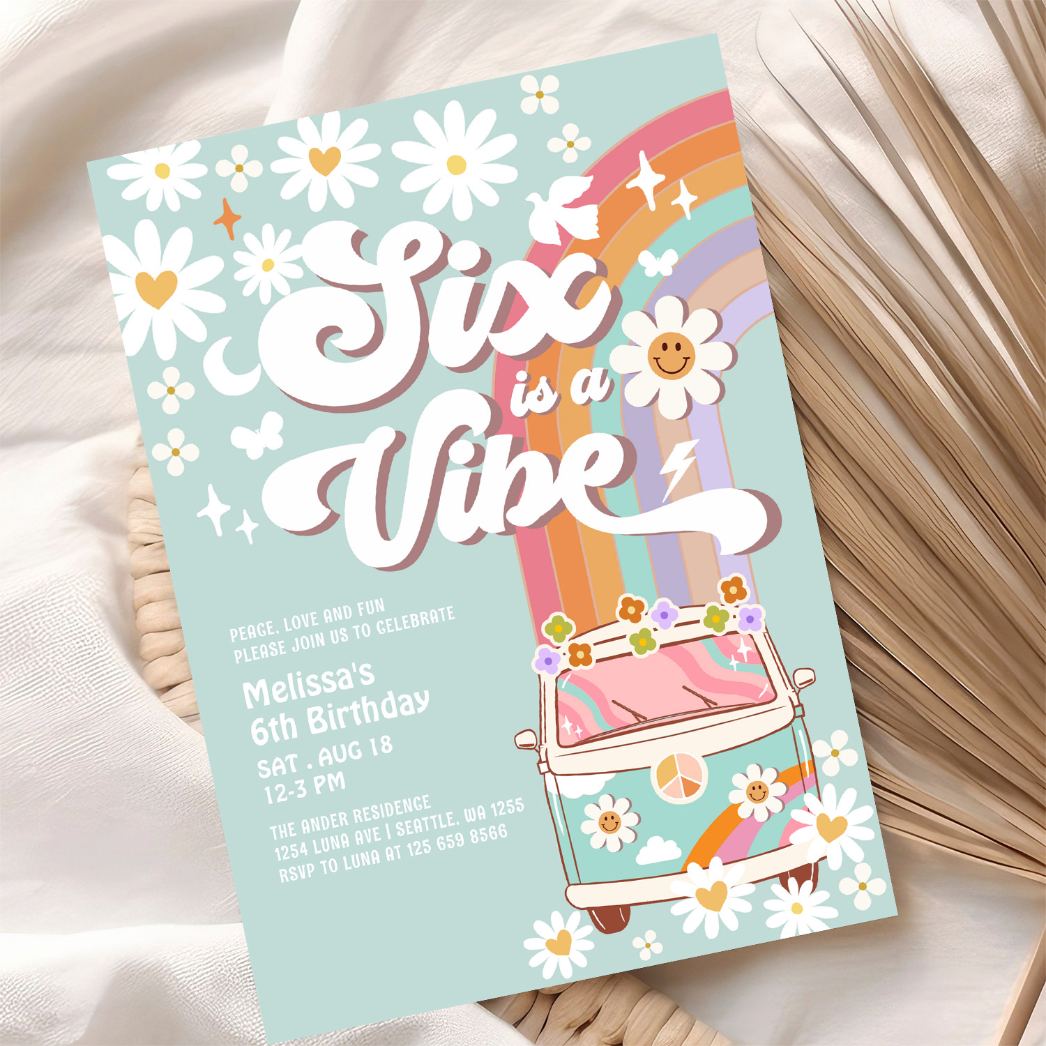 Six Is A Vibe Daisy Rainbow Groovy 6th Birthday Invitation - Image 10