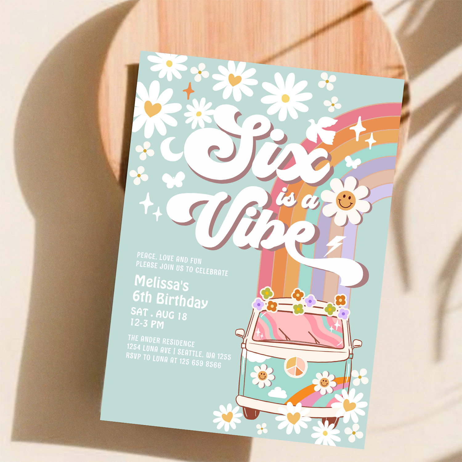 Six Is A Vibe Daisy Rainbow Groovy 6th Birthday Invitation - Image 11